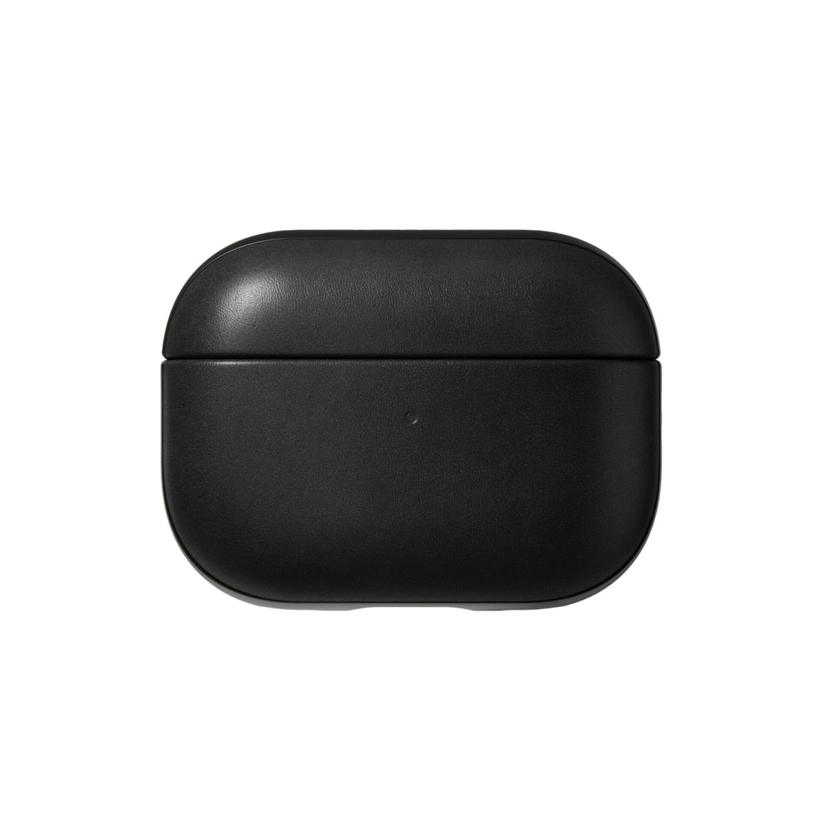 Viene mostrata una custodia nera, rettangolare e arrotondata per AirPods. Ha una finitura liscia e opaca.