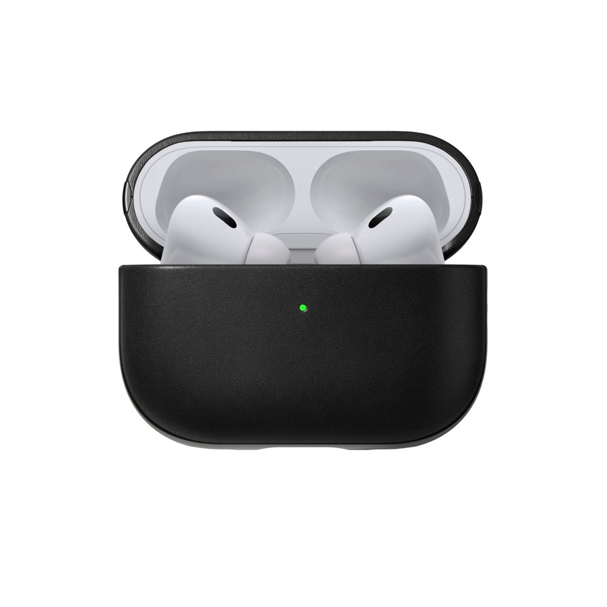 Custodia per auricolari nera con AirPods bianchi all'interno. Una luce verde è accesa sulla custodia.