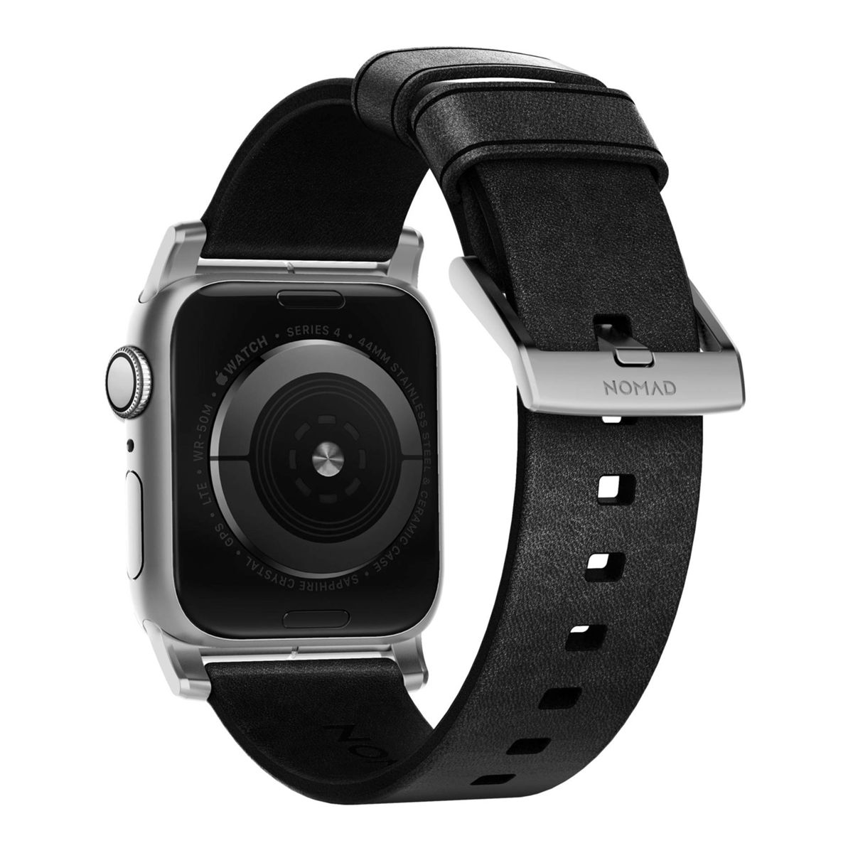 Eine Apple Watch mit schwarzem Lederarmband. Die Uhr ist silber mit schwarzem Display.