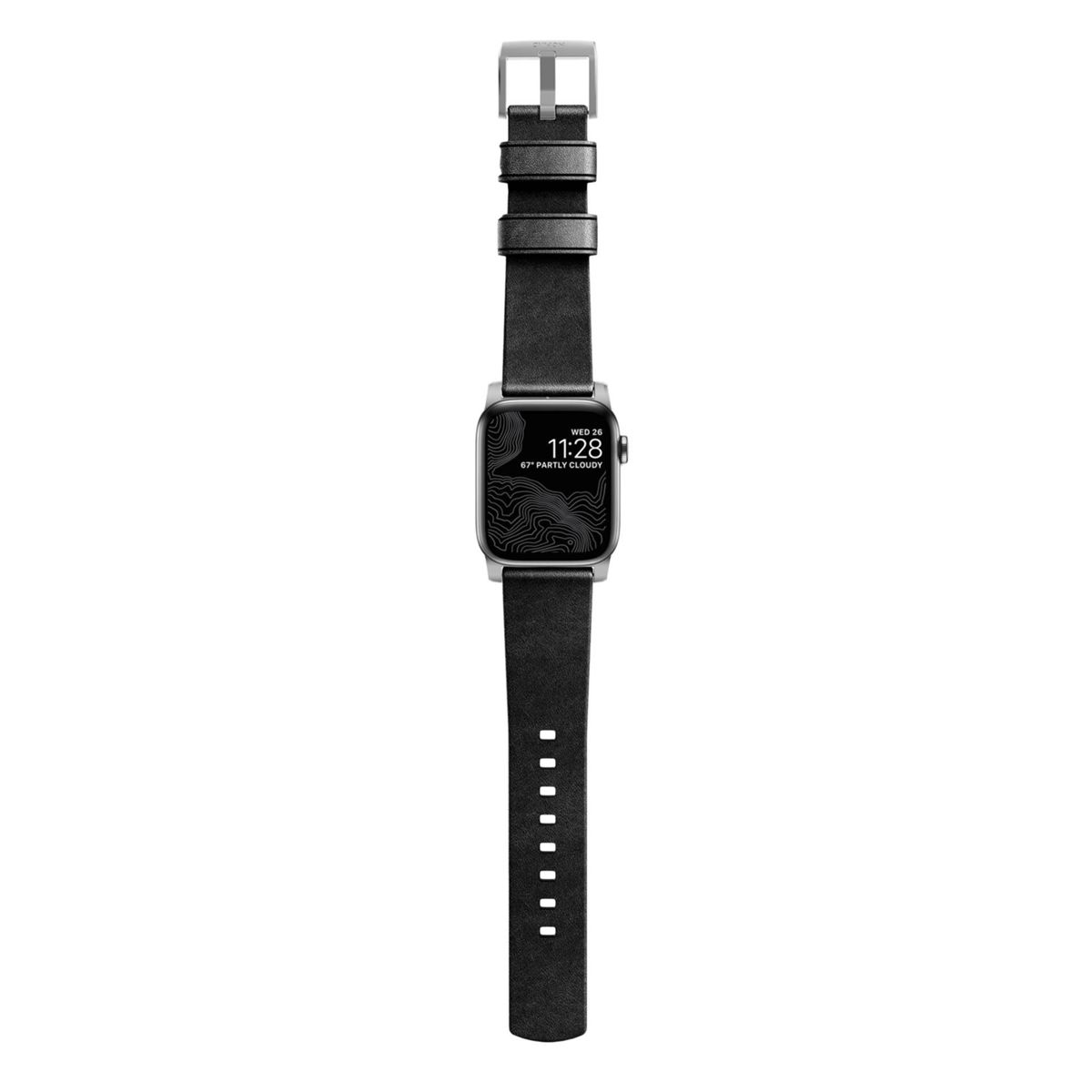 Schwarze Smartwatch mit schwarzem Lederarmband und einem Bildschirm, der die Uhrzeit anzeigt.