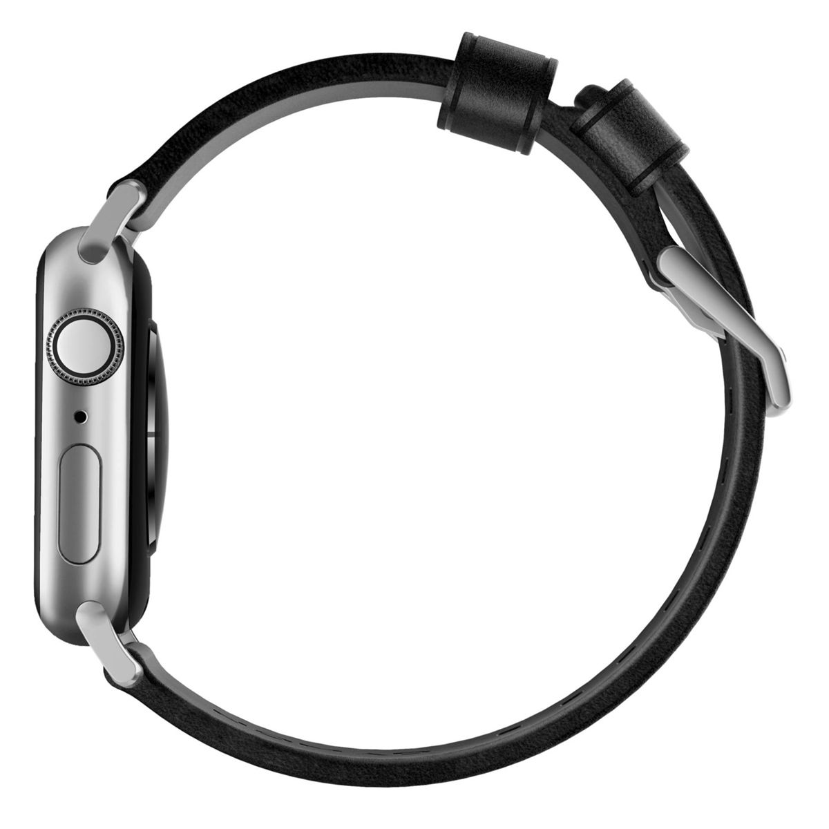 Eine silberne Apple Watch mit schwarzem Lederarmband, Seitenansicht, vor weißem Hintergrund.