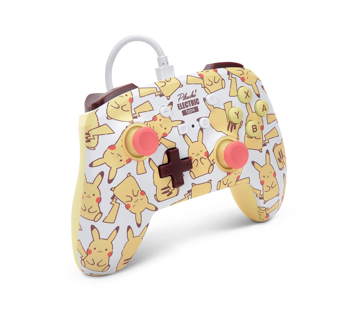 Gelb-weißer Gamecontroller im Pikachu-Design mit weißem Kabel. Die Tasten haben das Pikachu-Logo.