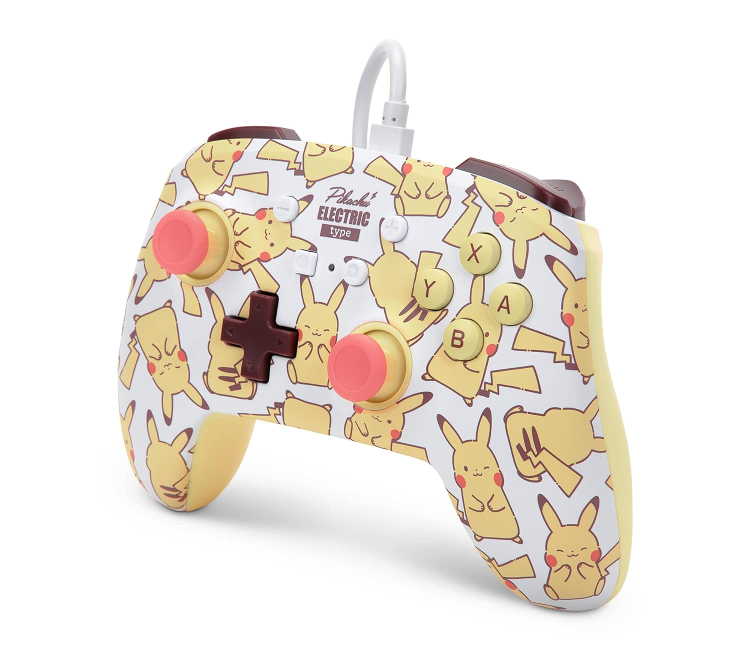 Pikachu-Spielcontroller. Weißer Hintergrund. Gelbe, rote und braune Farben vorhanden.