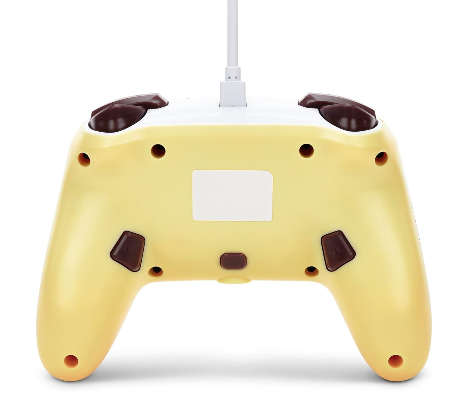 Ein gelber Gamecontroller mit braunen Knöpfen und einem weißen Kabel auf weißem Hintergrund.