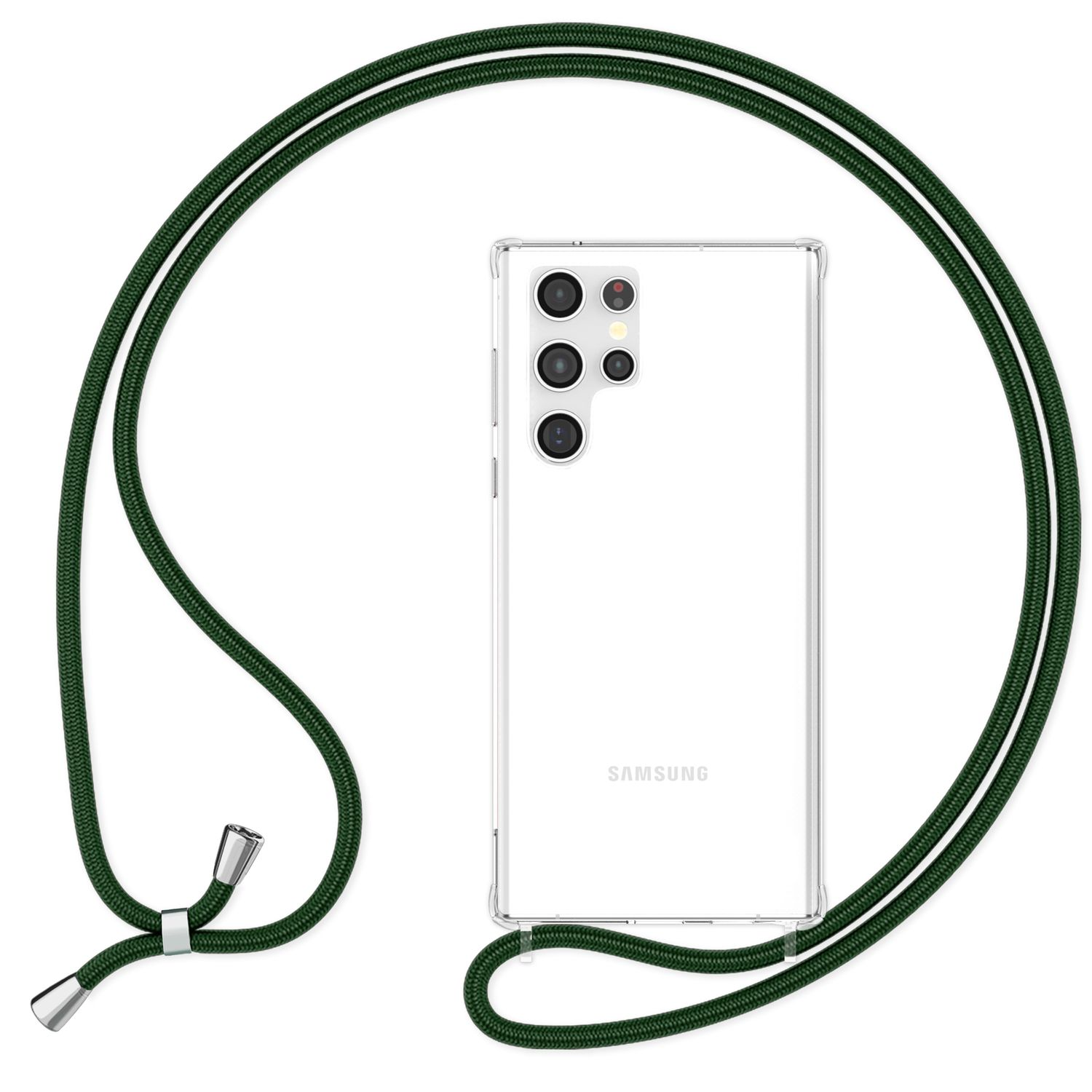 Transparente Handyhülle mit grünem Riemen auf weißem Hintergrund. Das Handy ist von Samsung.