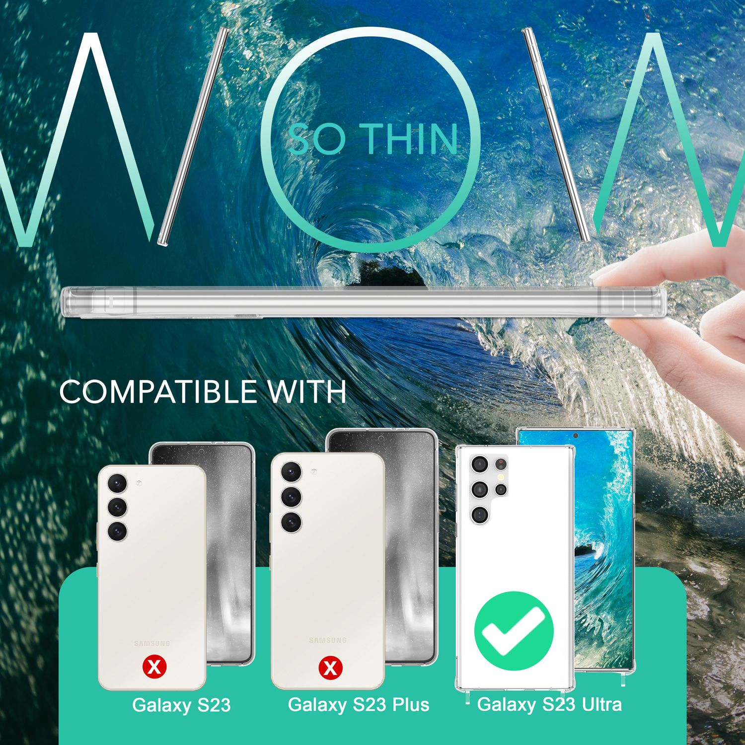 Handyhülle mit dem Wort 'SO THIN' und kompatiblen Handys, Samsung S23 Ultra ist zugelassen.