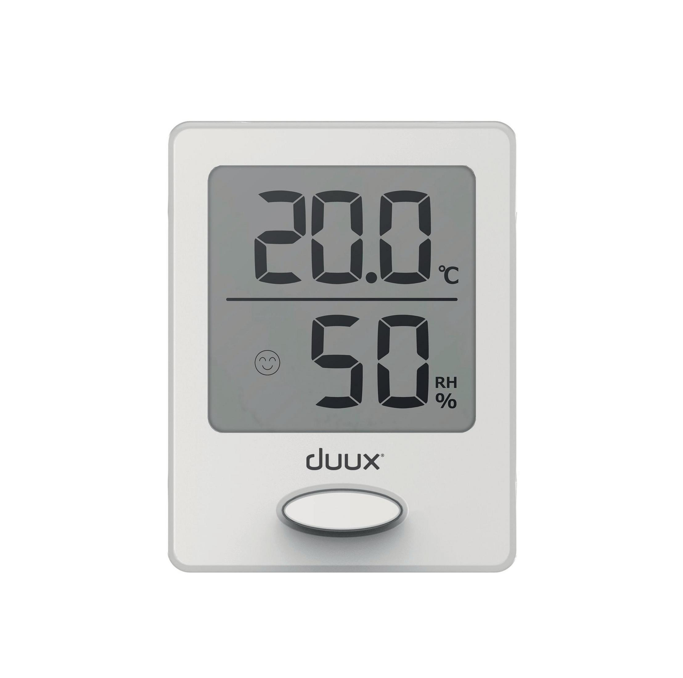 Weißes Digitalthermometer zeigt 20,0 Grad Celsius und 50 % Luftfeuchtigkeit an. Die Marke ist duux.
