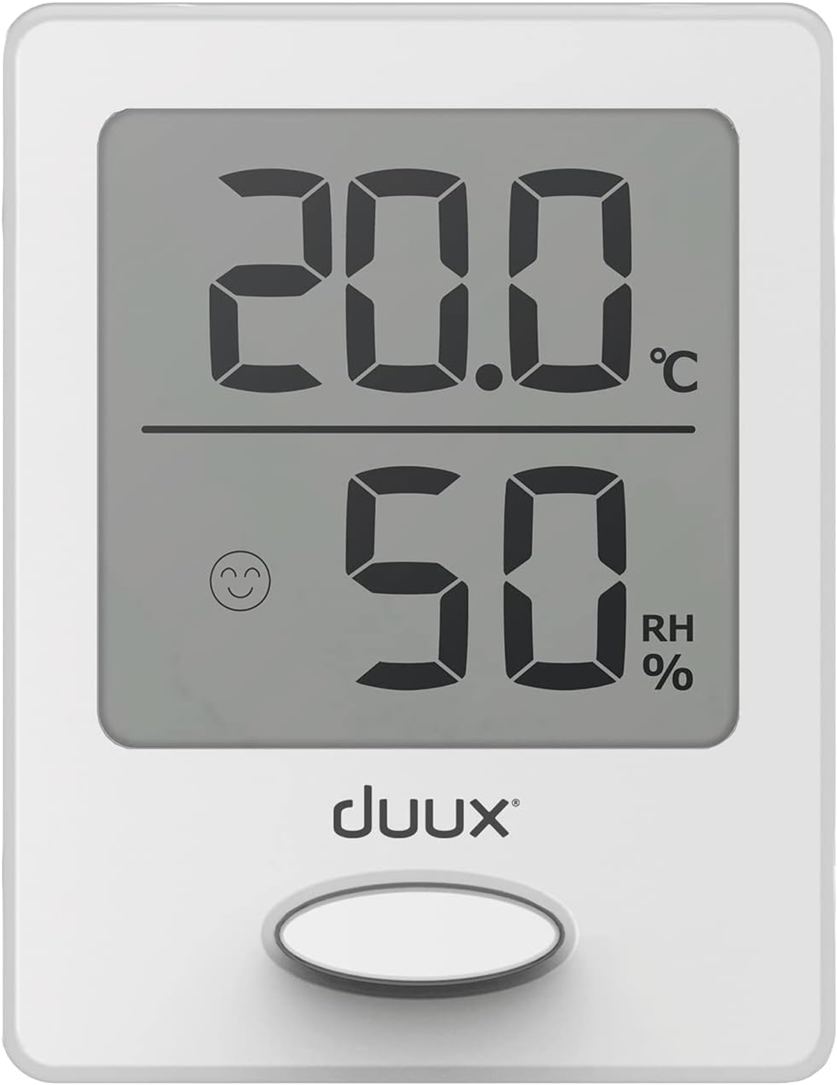 Ein weißes Digitalthermometer mit 20,0 Grad Celsius und 50 Prozent relativer Luftfeuchtigkeit.