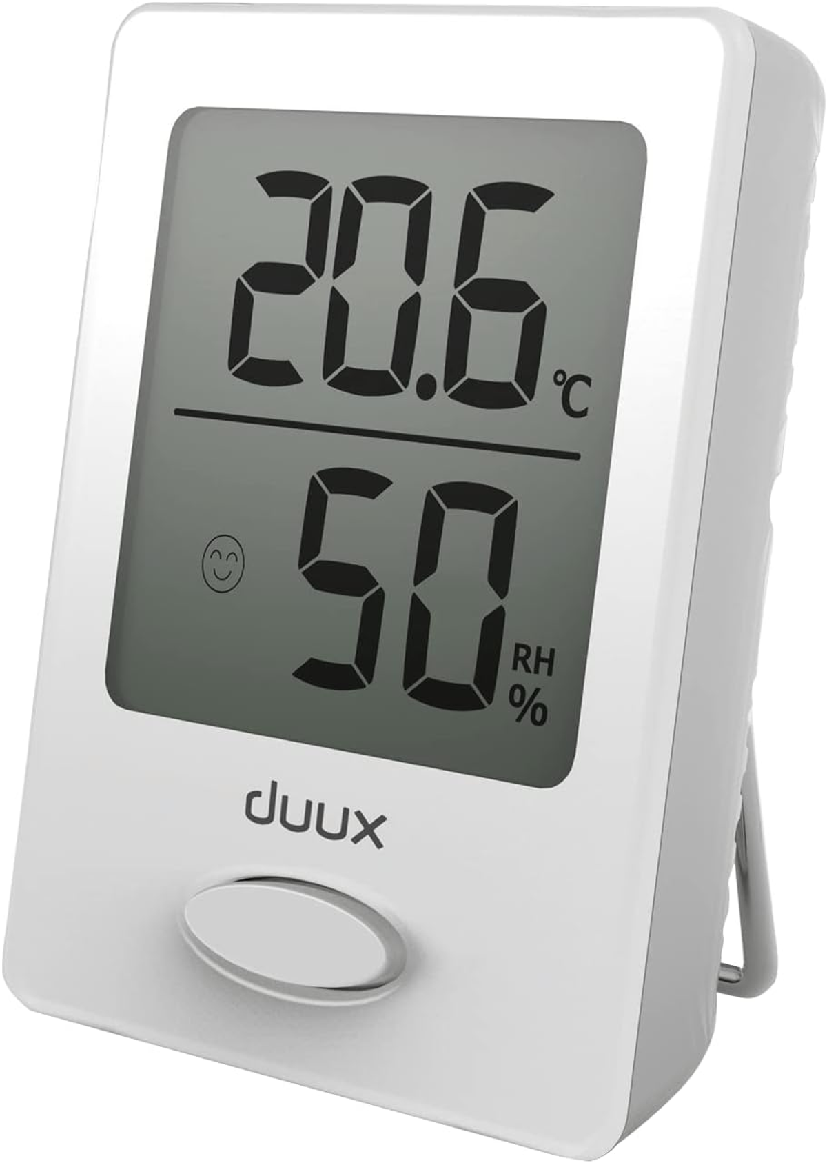 Weißes digitales Thermometer mit 20,6 °C und 50 % Luftfeuchtigkeit. Hat ein Smiley-Gesicht und die Marke duux.
