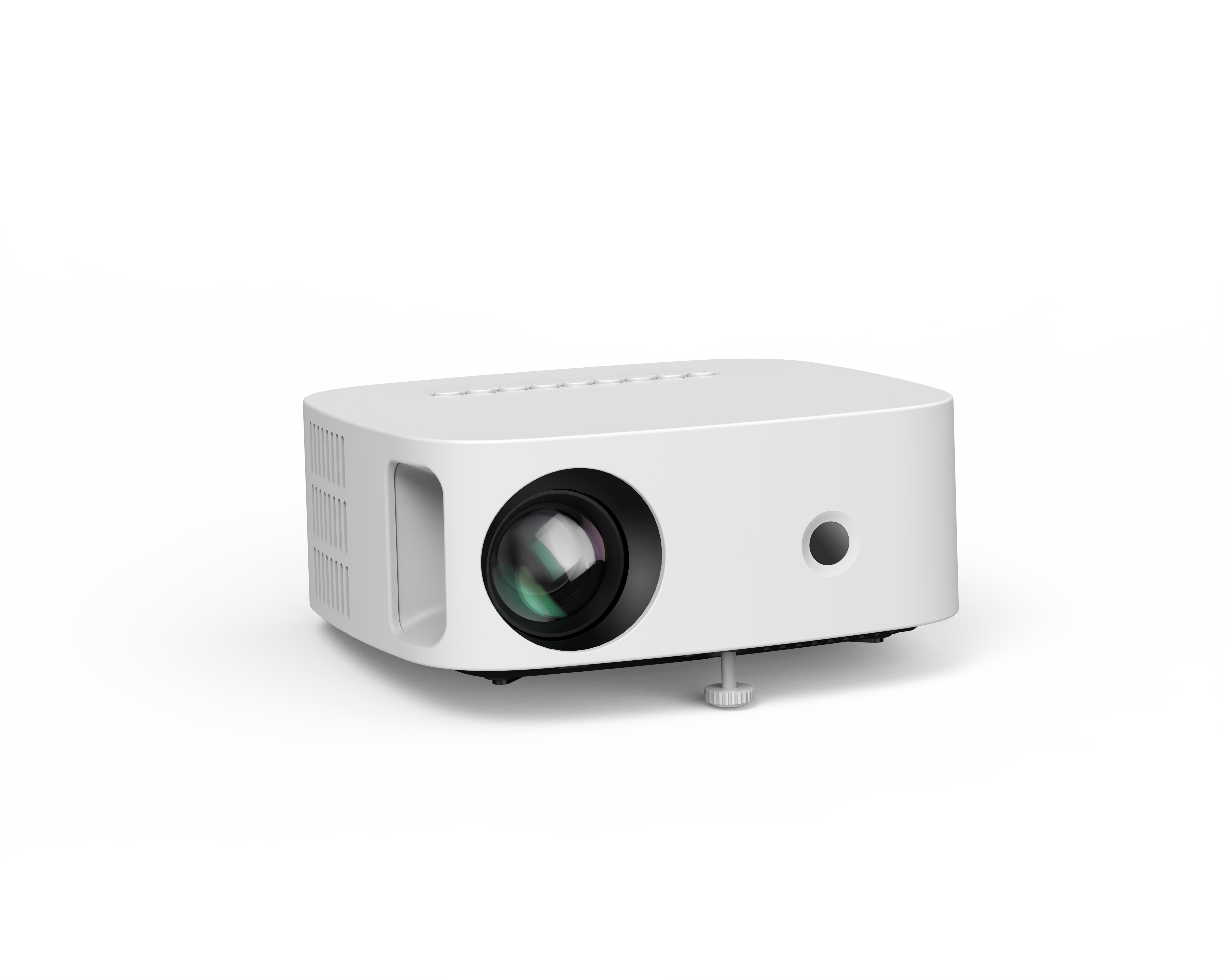 Projecteur blanc avec une lentille et un bouton. Sur fond blanc.