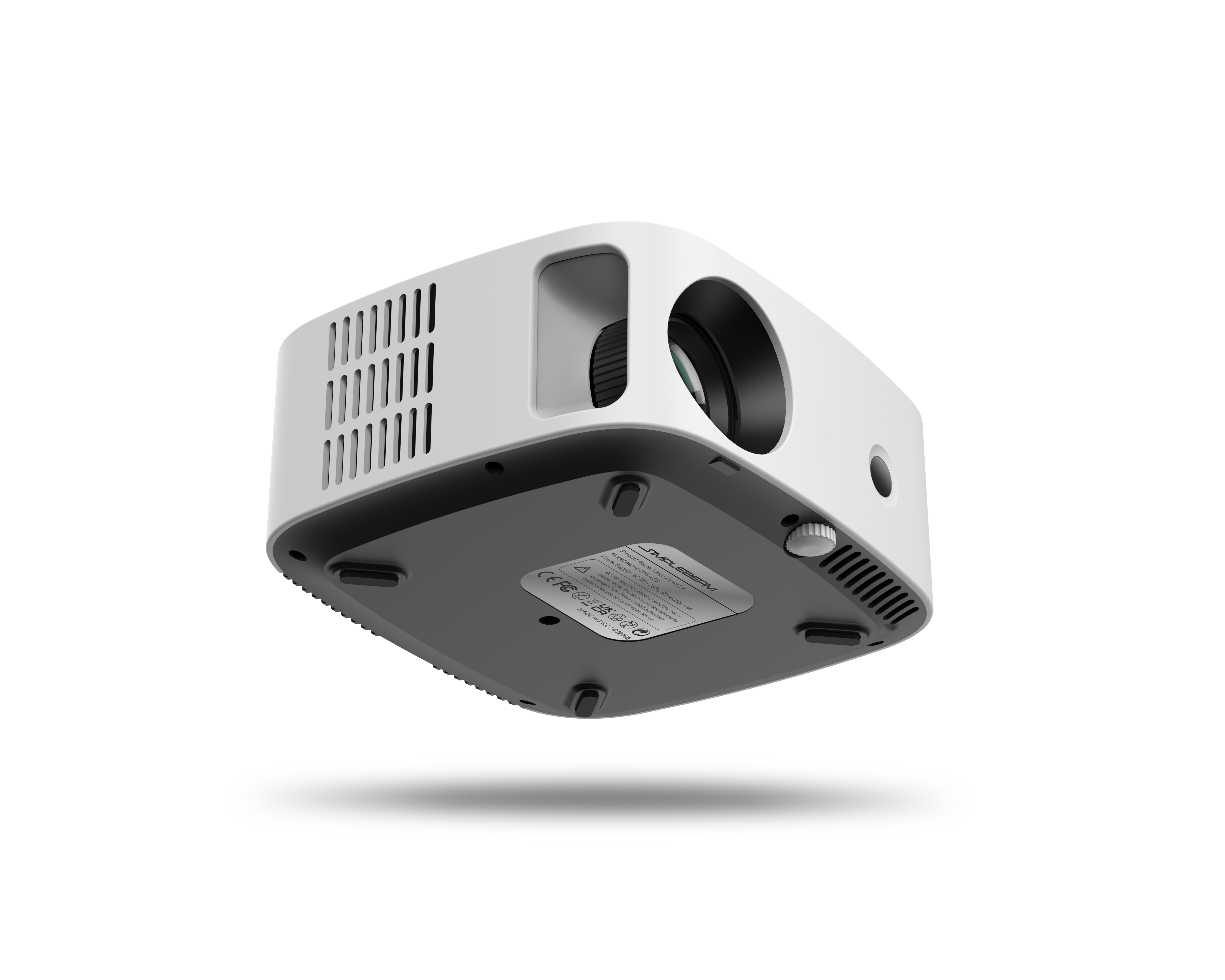 Projecteur blanc avec base noire, montrant le dessous avec des ventilations et des étiquettes, sur fond noir.