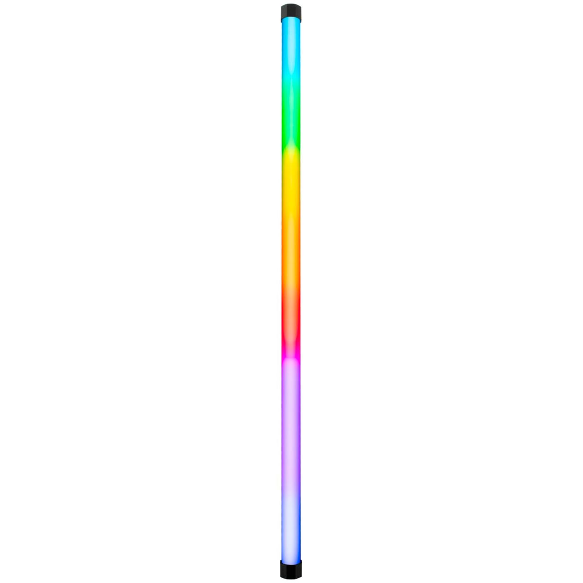 Eine hohe, bunte Lichtröhre, beleuchtet mit einem Regenbogen von Farben, auf weißem Hintergrund.