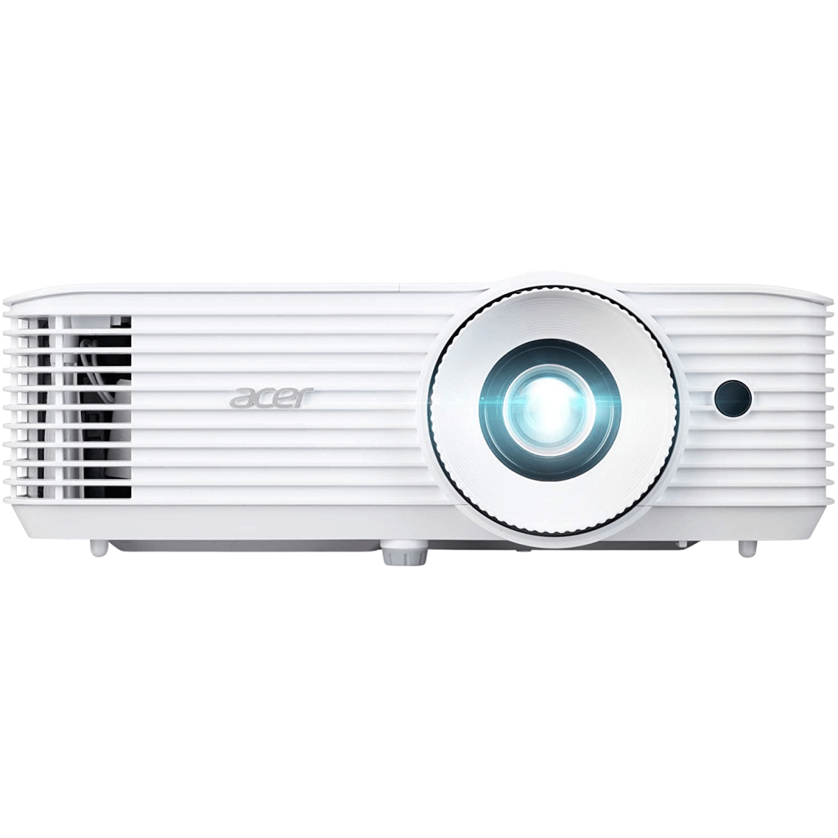 Proyector Acer blanco con una lente grande. El logotipo de Acer es visible. El fondo es blanco.