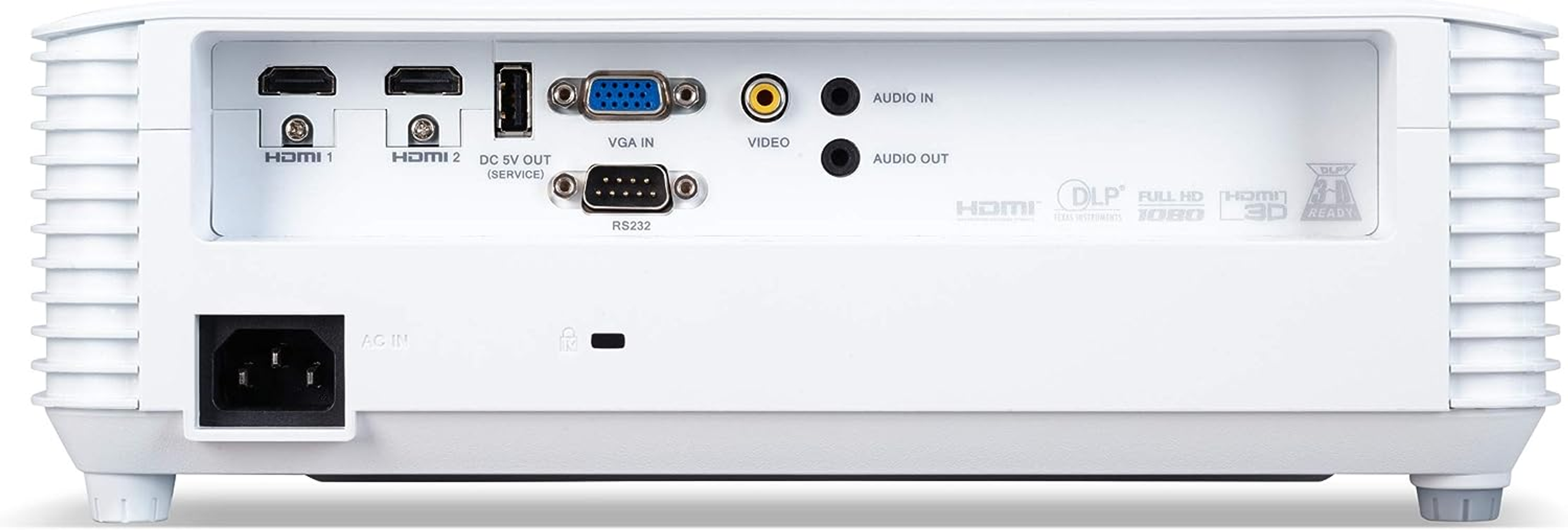 El panel trasero de un proyector blanco con puertos y conexiones.