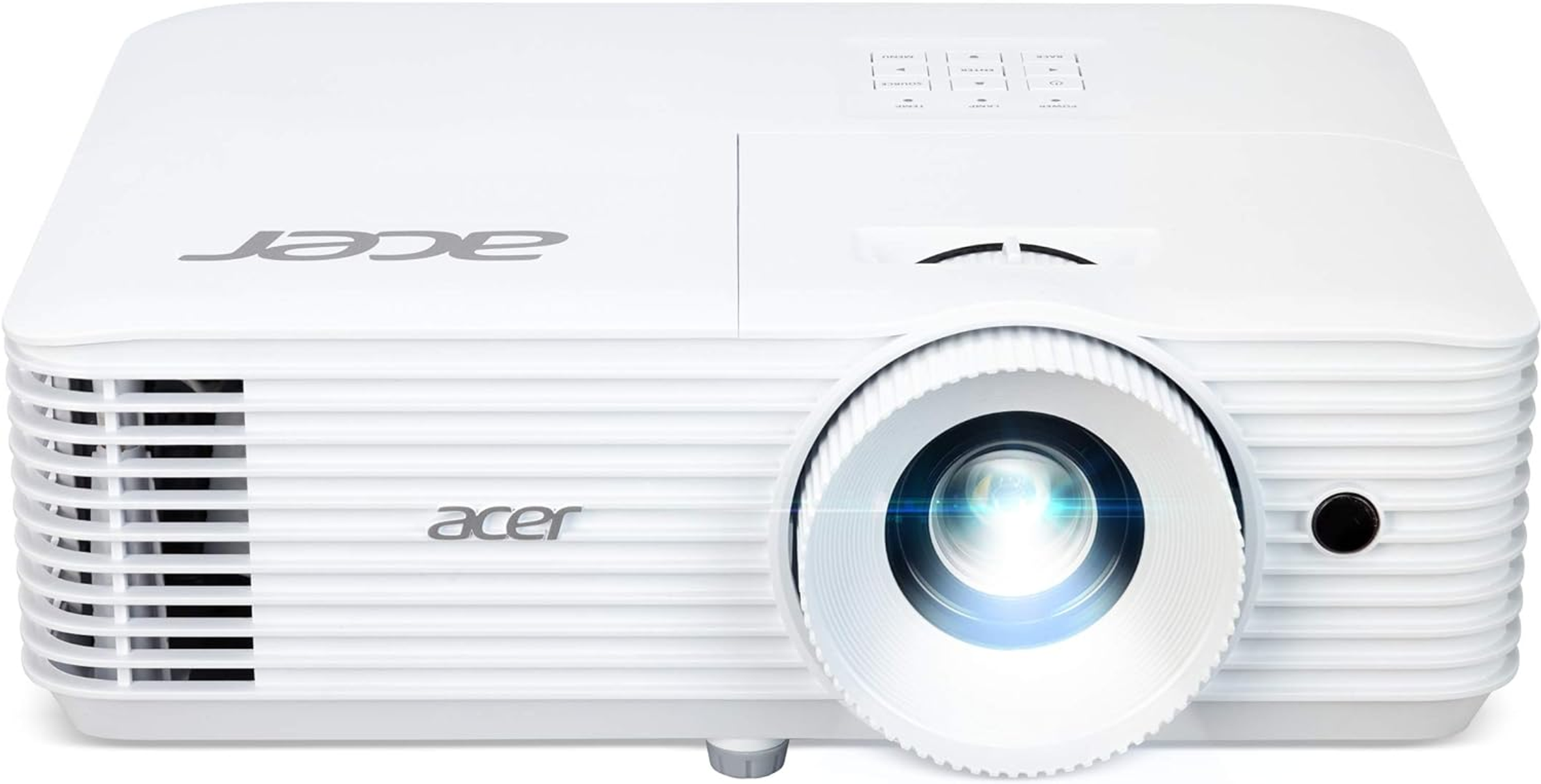 Proyector Acer blanco con logo Acer. El proyector tiene lente y botones de control.
