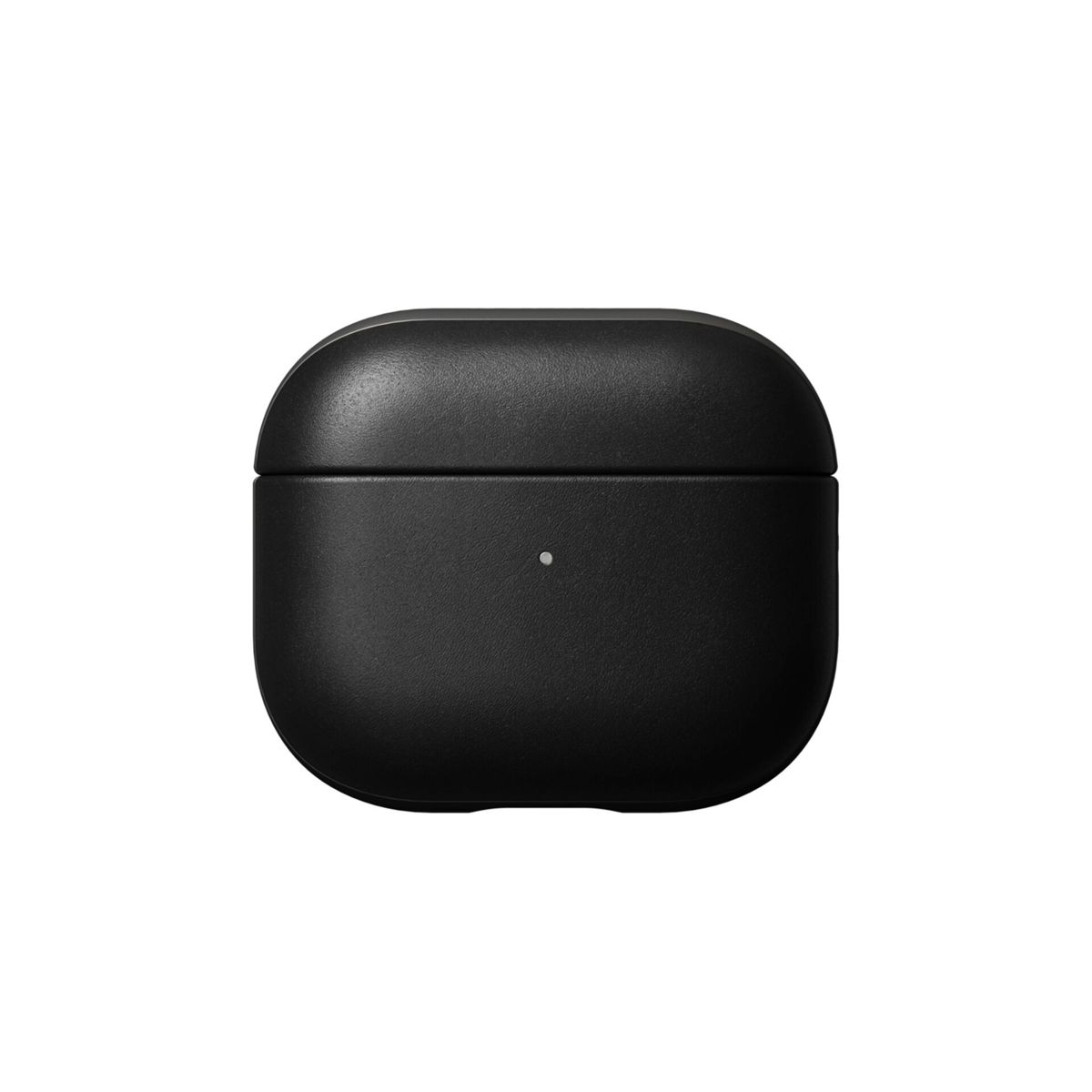 Custodia AirPods Pro nera, arrotondata. Design semplice, minimalista. Punto bianco.