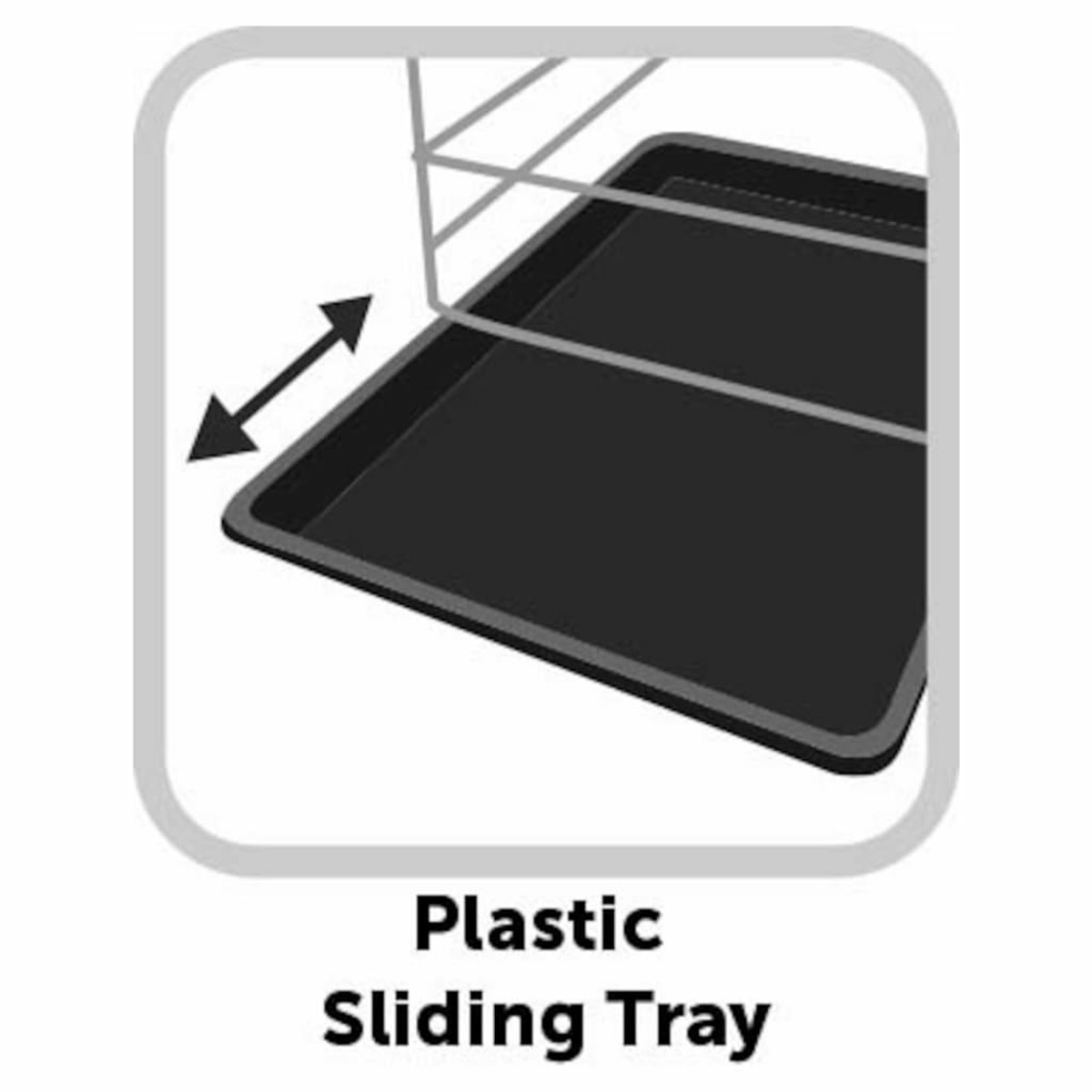 Ein schwarzes Tablett in einem weißen Rahmen. Text sagt 'Plastic Sliding Tray' mit Pfeilen.