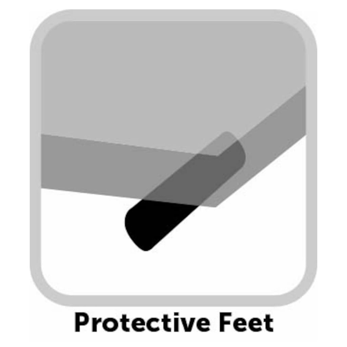 Das Bild zeigt ein graues Quadrat mit abgerundeten Ecken, eine dunkelgraue Form und die Worte Protective Feet.