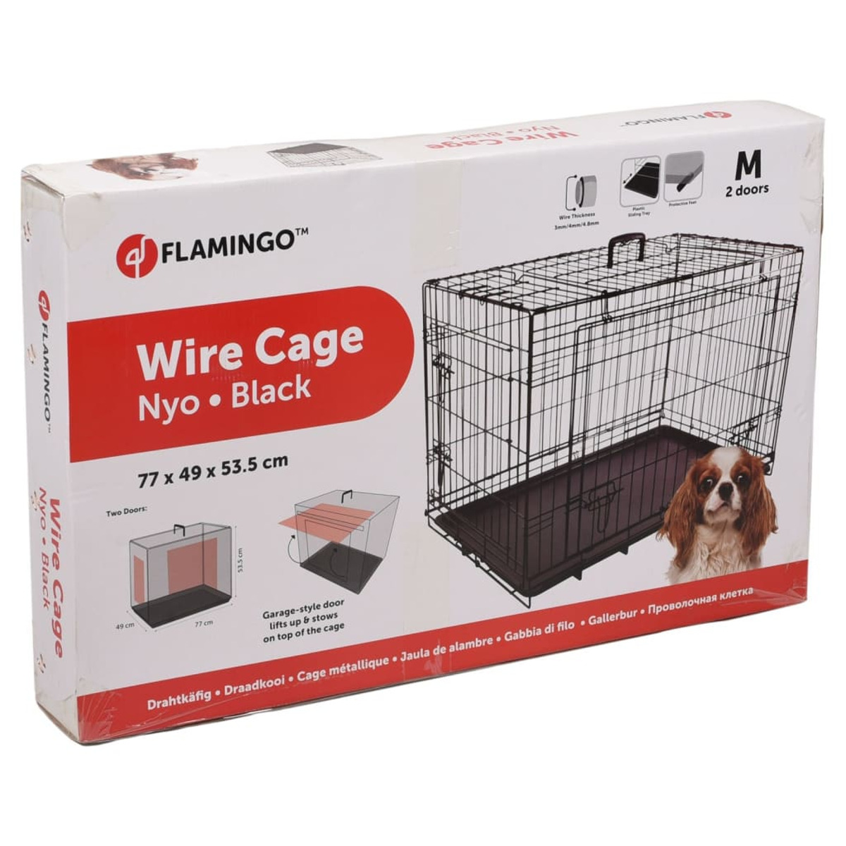 Hundedrahtkäfig mit schwarzer Basis, schwarzen Stäben und einem Cavalier King Charles Spaniel-Bild auf der Box.