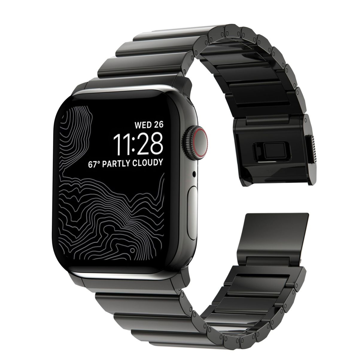 Schwarze Apple Watch mit schwarzem Metallarmband, der Bildschirm zeigt Zeit und Wetter.