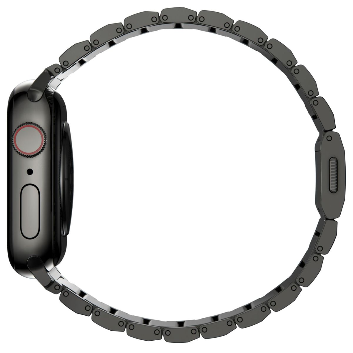 Seitenansicht einer schwarzen Smartwatch mit einem schwarzen Metallarmband.