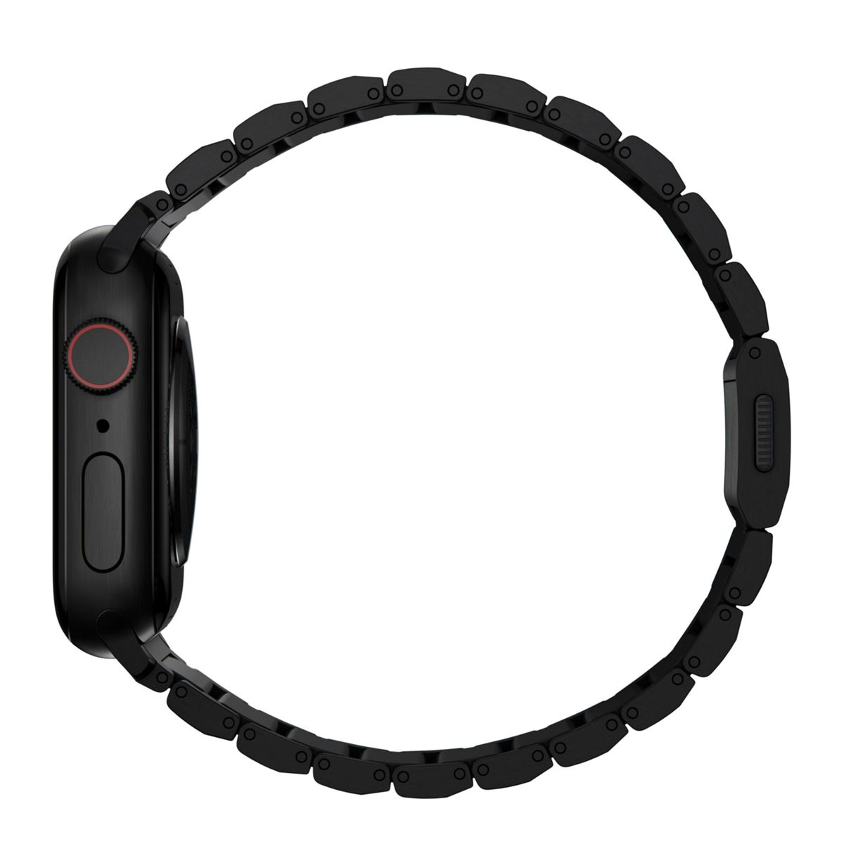 Schwarze Apple Watch mit schwarzem Metallarmband. Die Uhr wird von der Seite betrachtet.