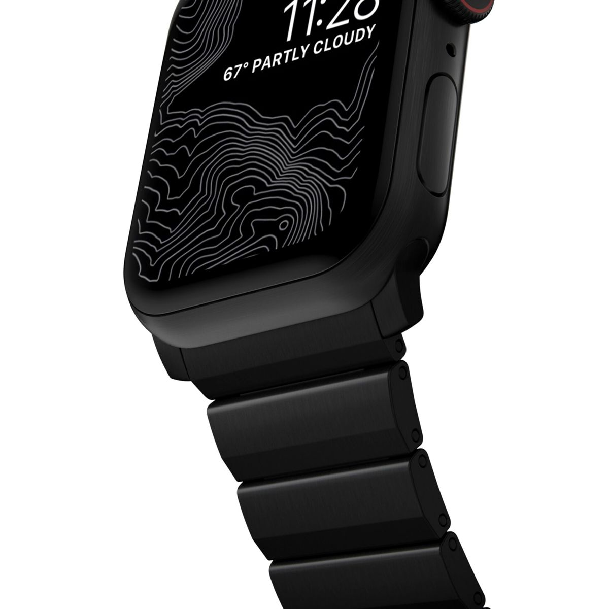 Schwarze Apple Watch am Handgelenk, mit schwarzem Armband. Das Zifferblatt zeigt eine Karte.