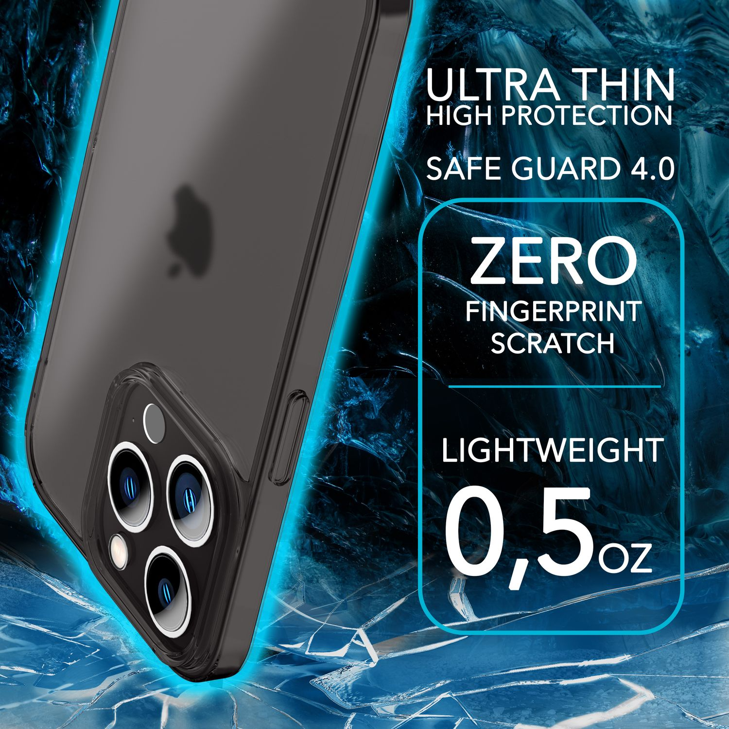 Funda transparente con un teléfono dentro. Texto: Ultra delgado, Protección segura, Cero huellas.