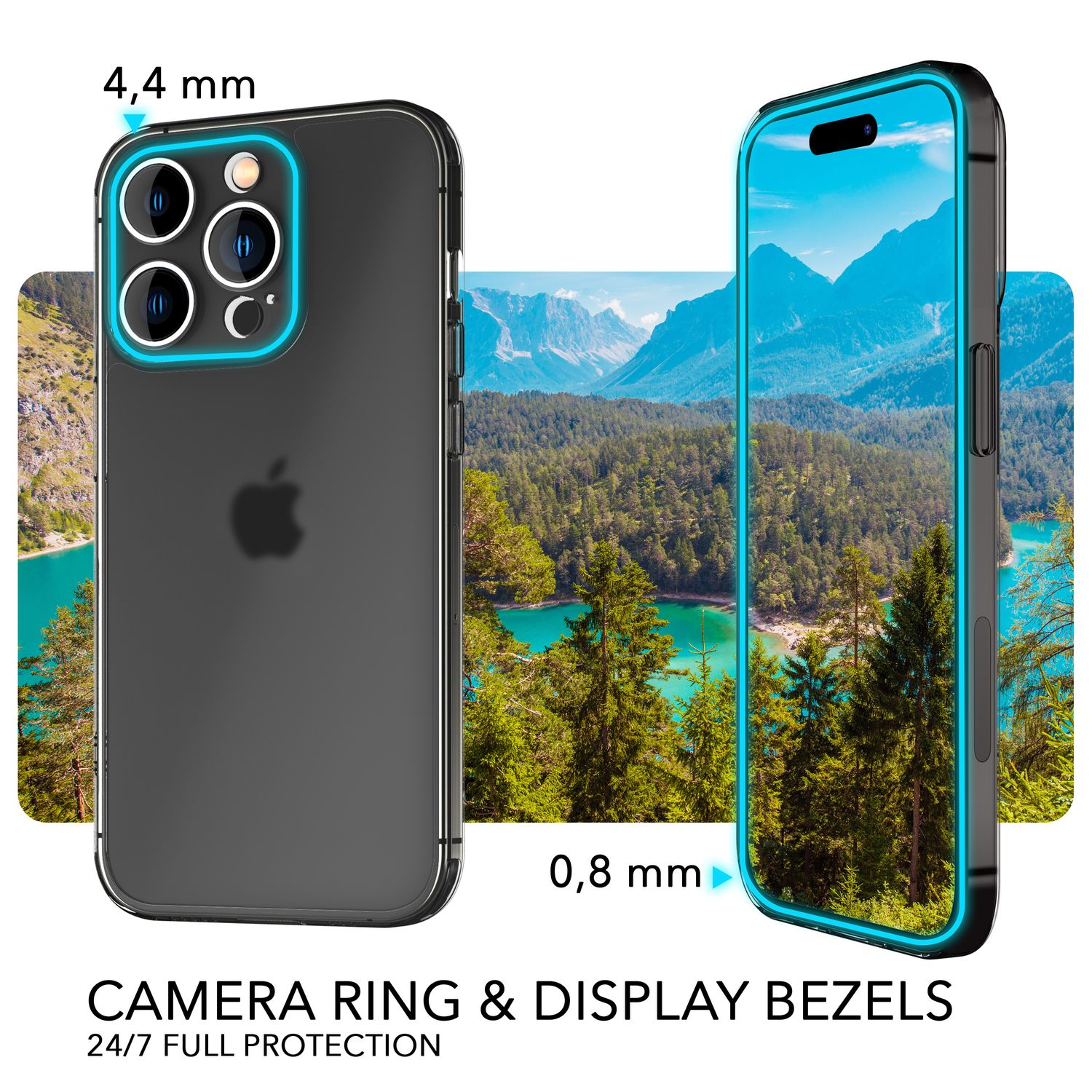 Funda de teléfono con imagen de paisaje montañoso, mostrando protección de bisel y anillo de cámara.