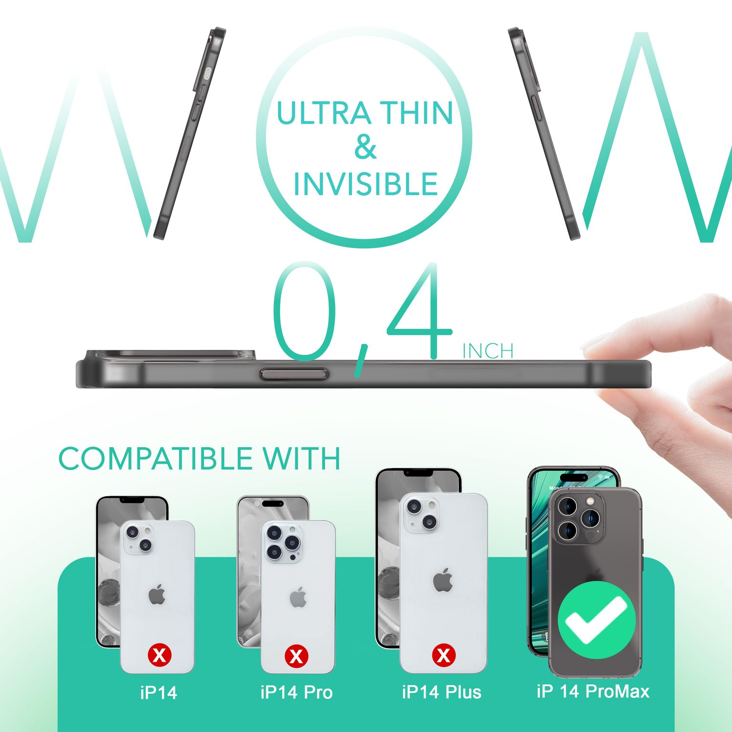 Funda transparente para teléfono junto a teléfonos. Texto dice compatible con iPhone 14 Pro Max y otros.