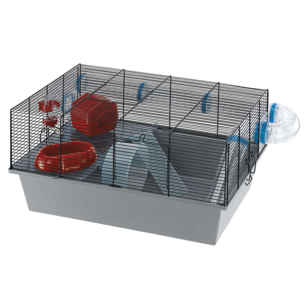 Hamsterkäfig mit roter Schüssel, Wasserflasche und Rad. Graue Basis, schwarze Stäbe, blaue Röhre.