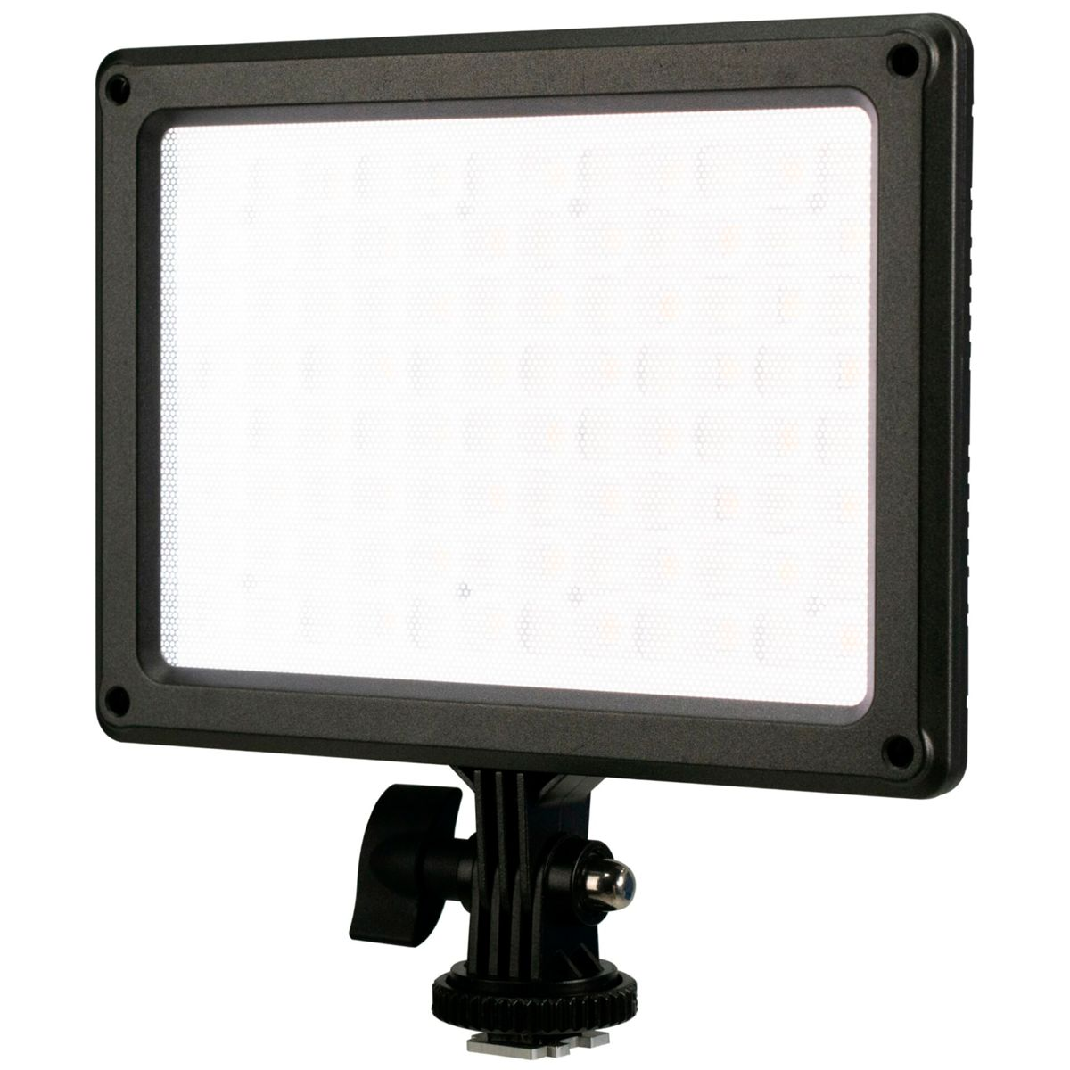 Ein rechteckiges LED-Lichtpanel mit schwarzem Rahmen und einem Ständer.