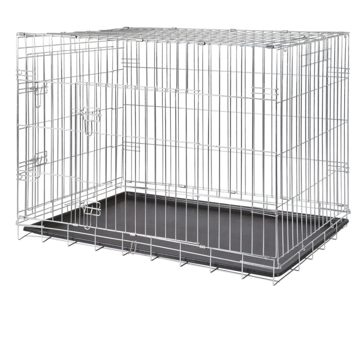 Silberfarbene Metall-Hundebox mit schwarzer Schale. Die Box ist rechteckig mit Drahtgitter.