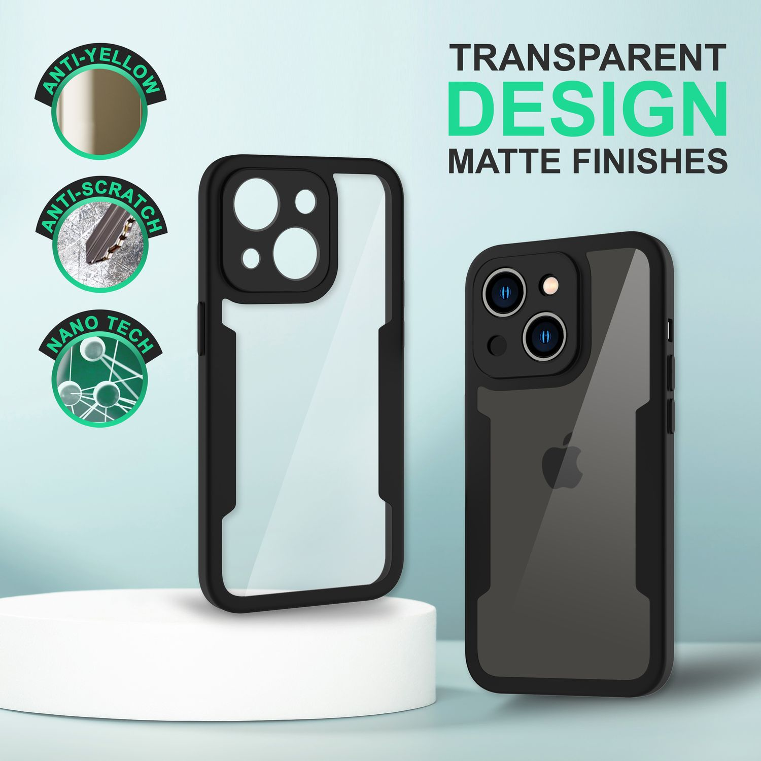 Dos fundas de teléfono, una transparente con marco negro, otra negra. El texto menciona el diseño.