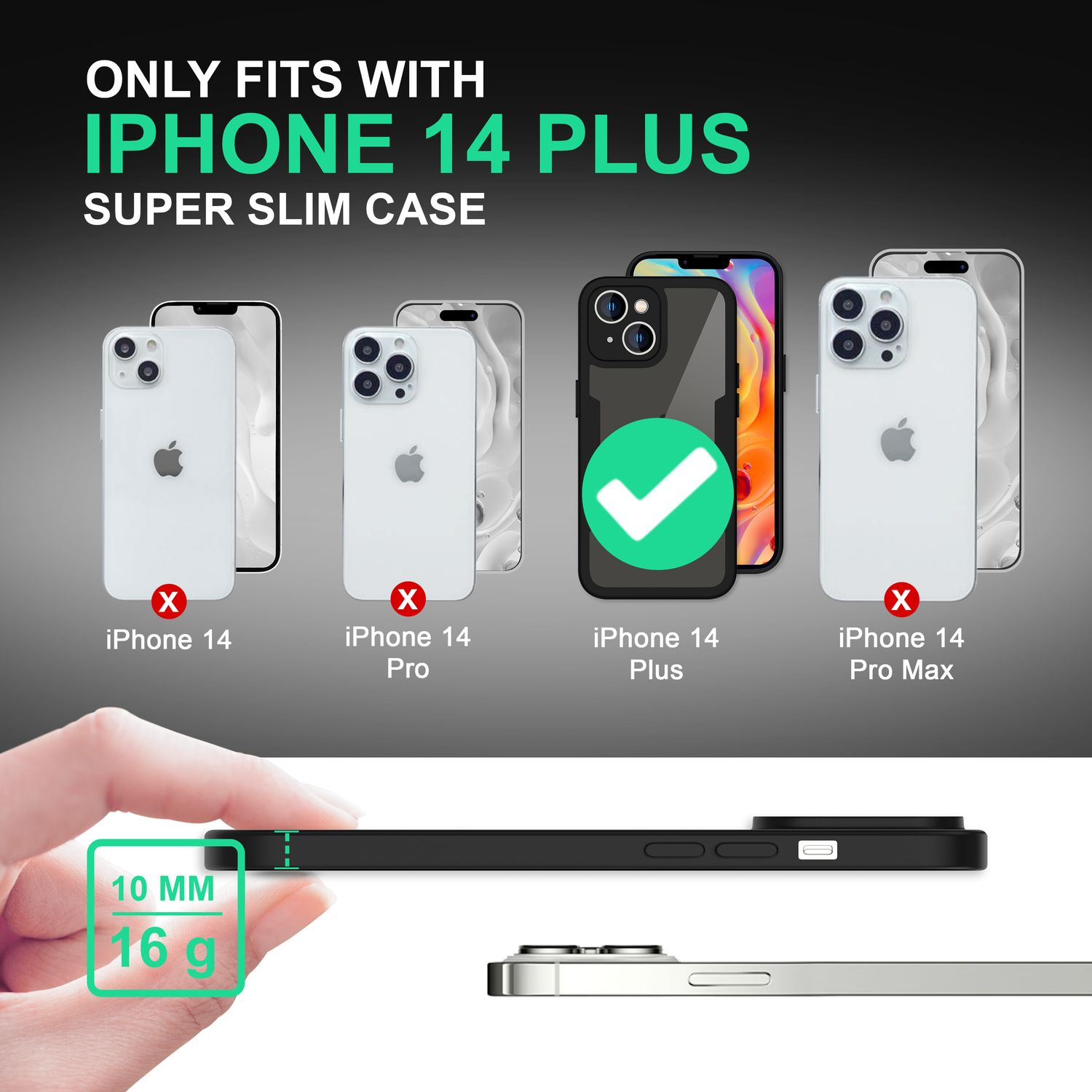 Imagen muestra fundas de teléfono con una marca de verificación verde en la funda del iPhone 14 Plus. Otros teléfonos tienen X rojas. La funda tiene 10 mm de grosor, 16g.
