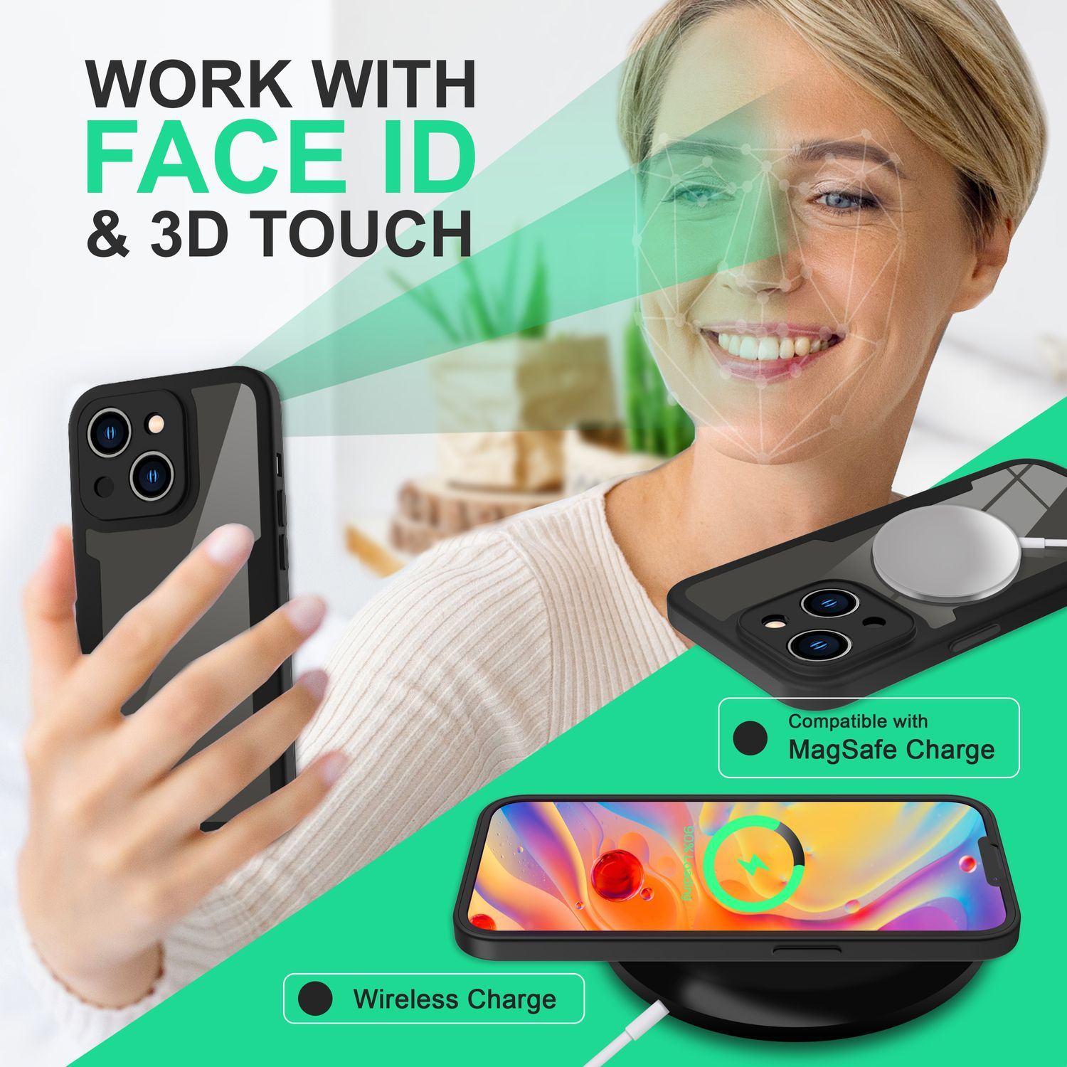 Una mujer con un teléfono en una funda. Los gráficos muestran Face ID, 3D Touch y funciones de carga inalámbrica.