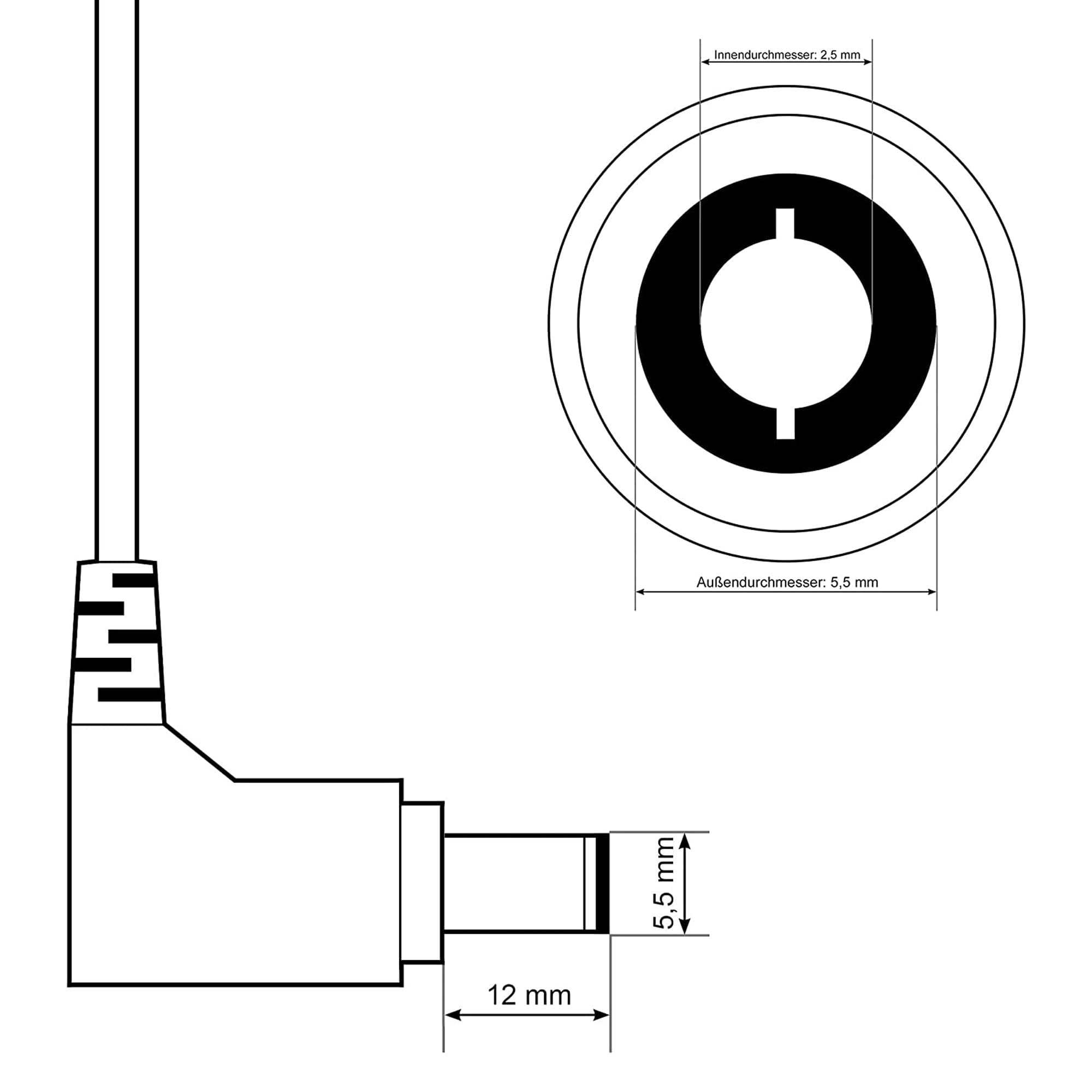 Technische Zeichnung eines Netzadapters mit Maßen. Er hat ein Kabel und einen rechtwinkligen Stecker.