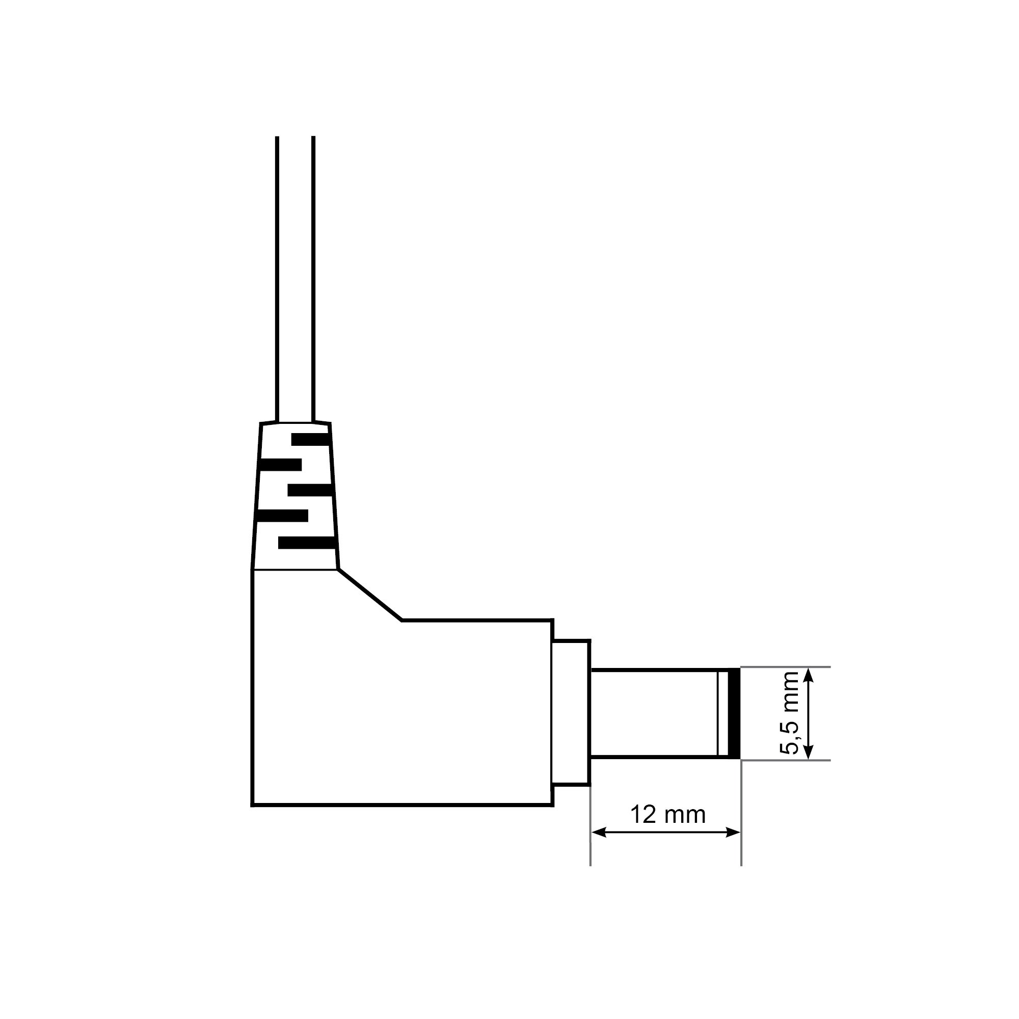 Ein schwarzer, abgewinkelter Stromanschluss für elektronische Geräte, mit Bemaßungen.
