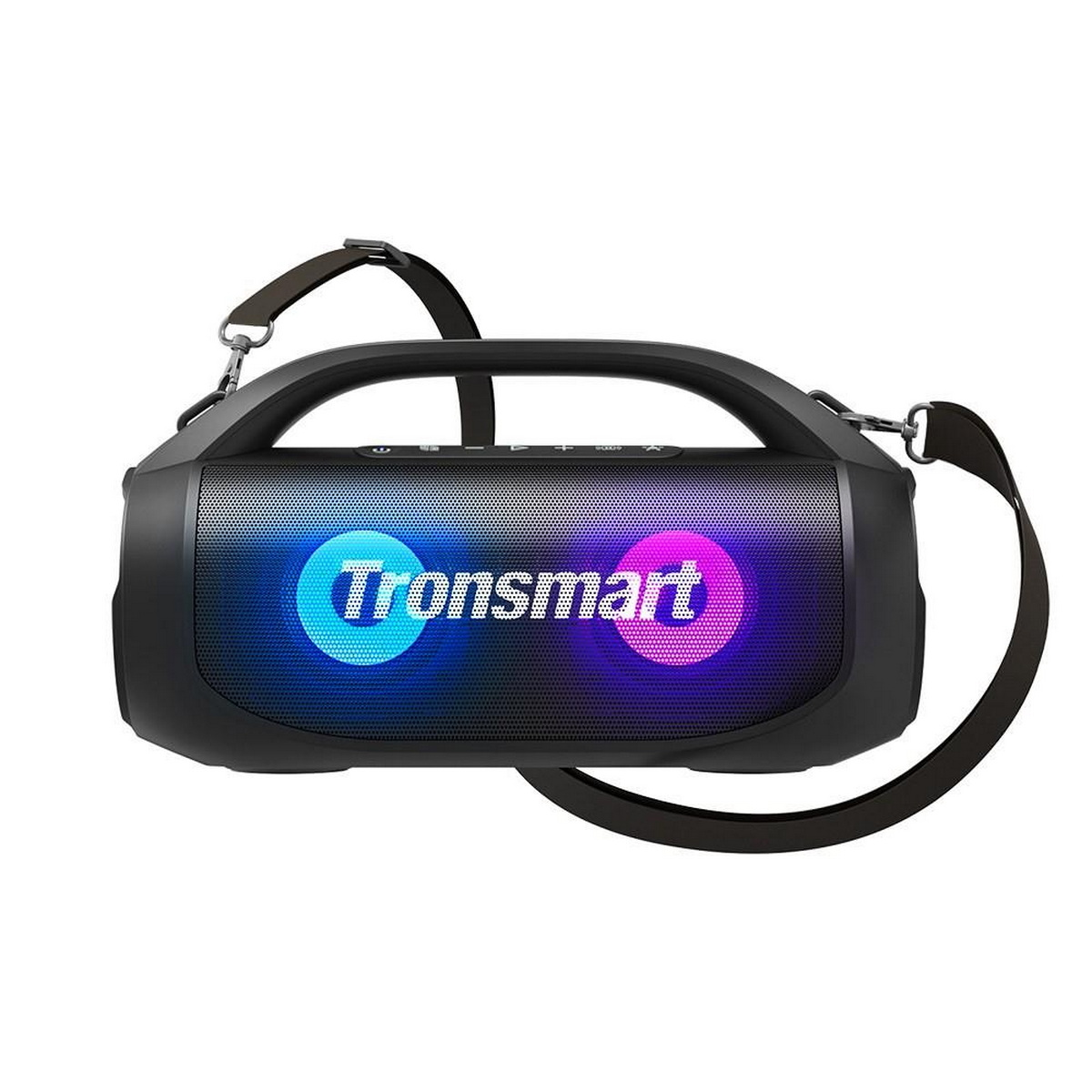 Un altoparlante nero con tracolla si illumina. Testo: Tronsmart. Ha uno spettacolo di luci a LED colorato.