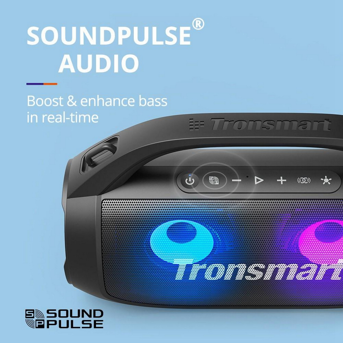 Altoparlante Tronsmart nero e grigio. L'altoparlante ha luci blu e rosa. Il marchio Soundpulse Audio è visibile.