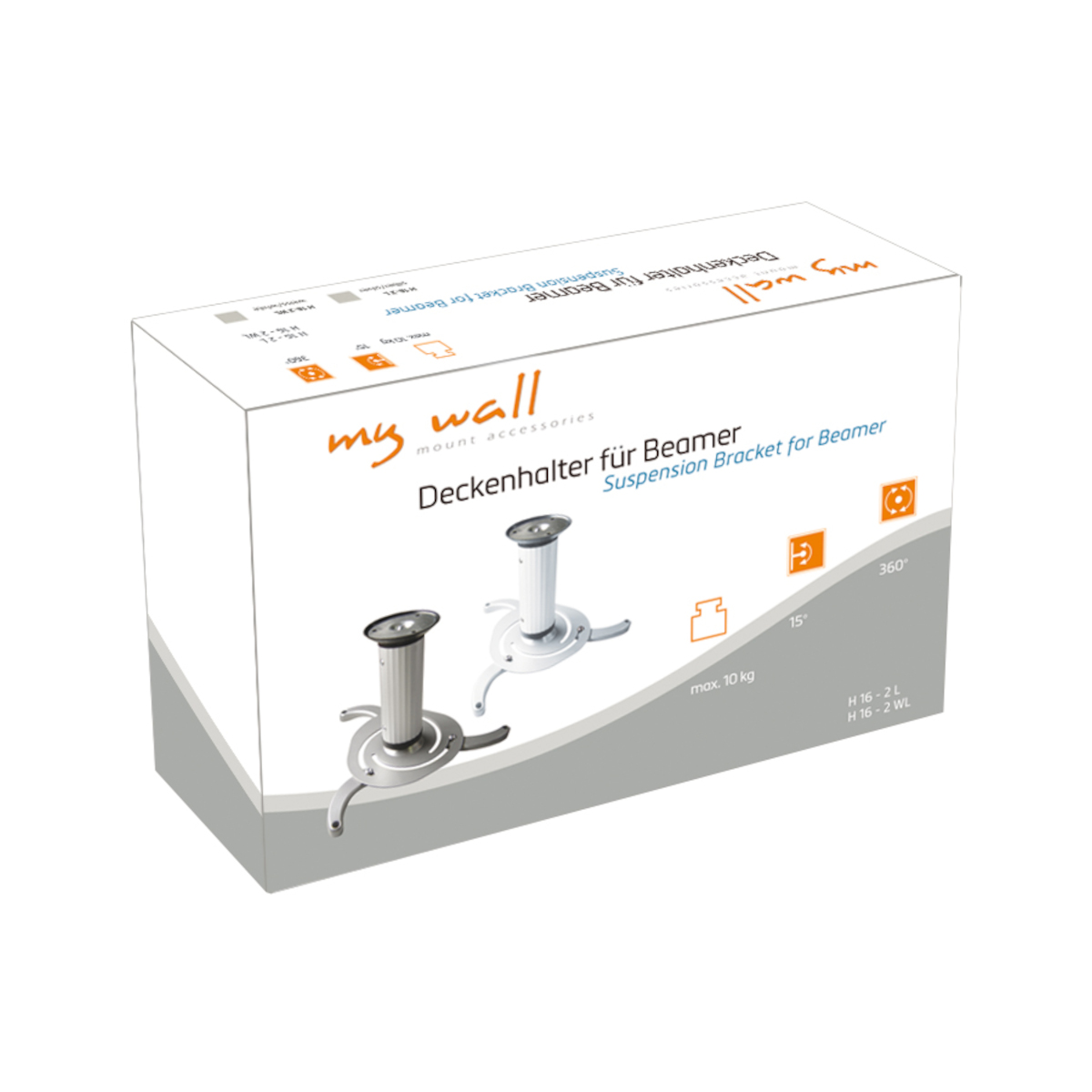 Eine weiße Box mit den Worten 'my wall' und 'Suspension Bracket for Beamer' auf der Vorderseite.