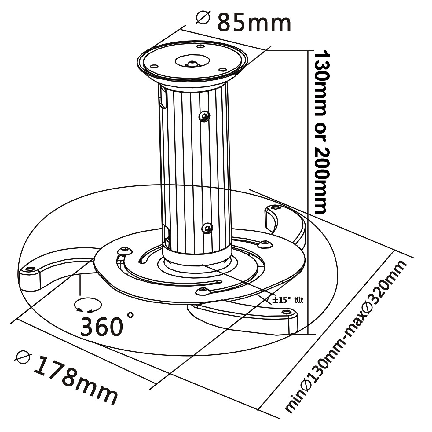 Diagramm einer Deckenhalterung mit Abmessungen und Winkeln. Es enthält eine zylindrische Säule und eine kreisförmige Basis.