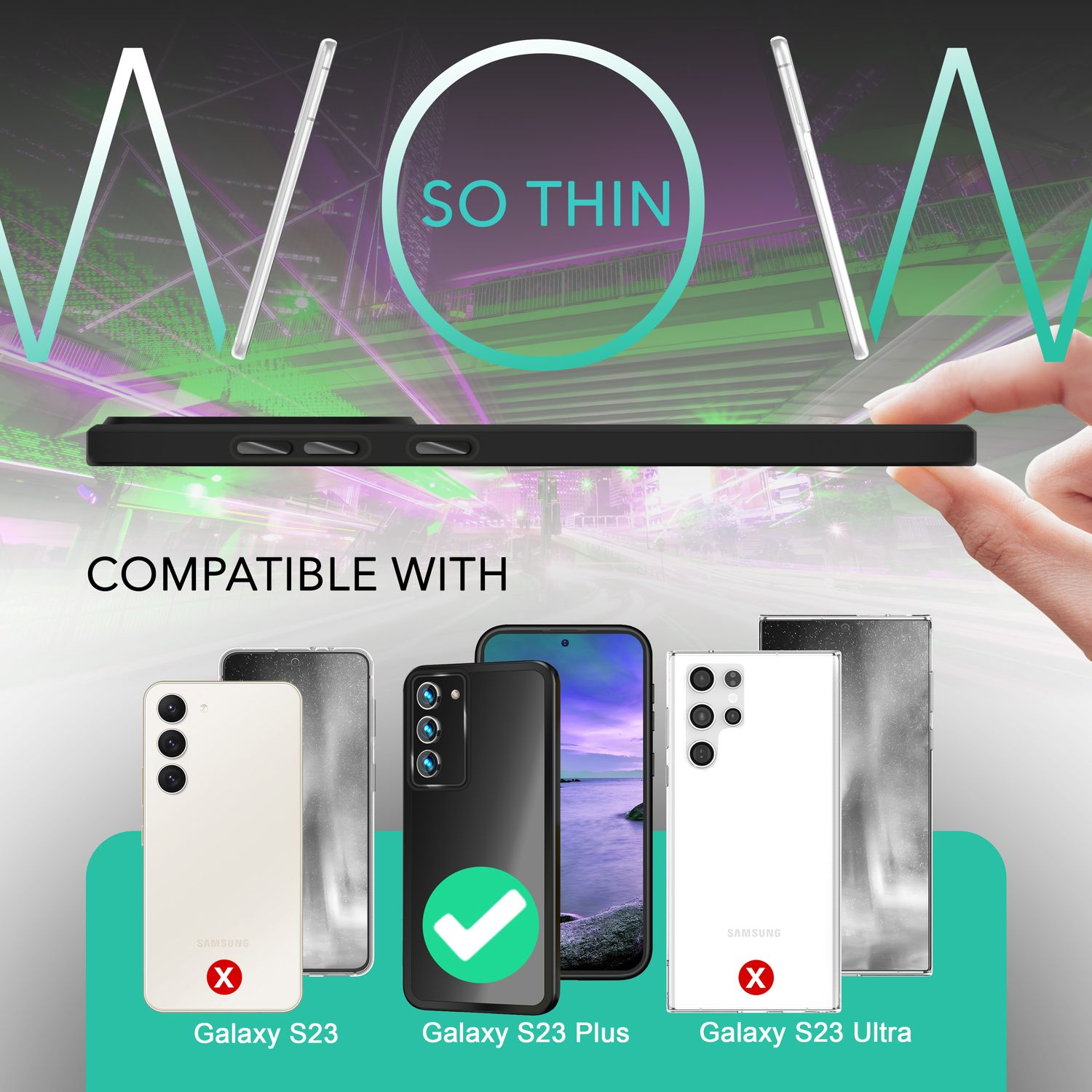 Coque de téléphone sur téléphone, avec Galaxy S23 Plus marqué comme compatible, avec d'autres.