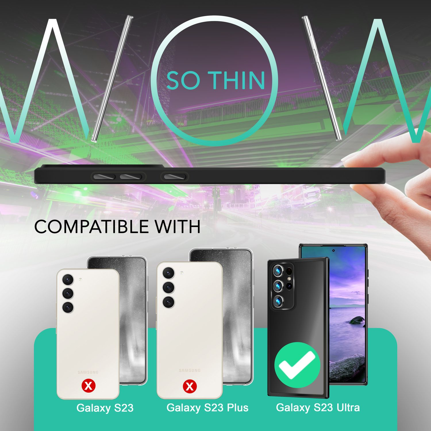 Eine schwarze Handyhülle mit einem schwarzen Handy darin, neben drei weiteren Handys und den Worten 'SO THIN'.
