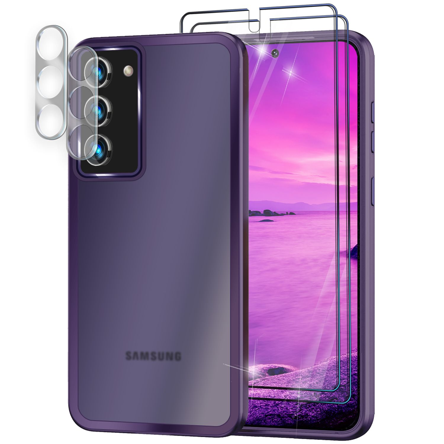 Lila Telefon mit Hülle und Displayschutz, drei Kameras.