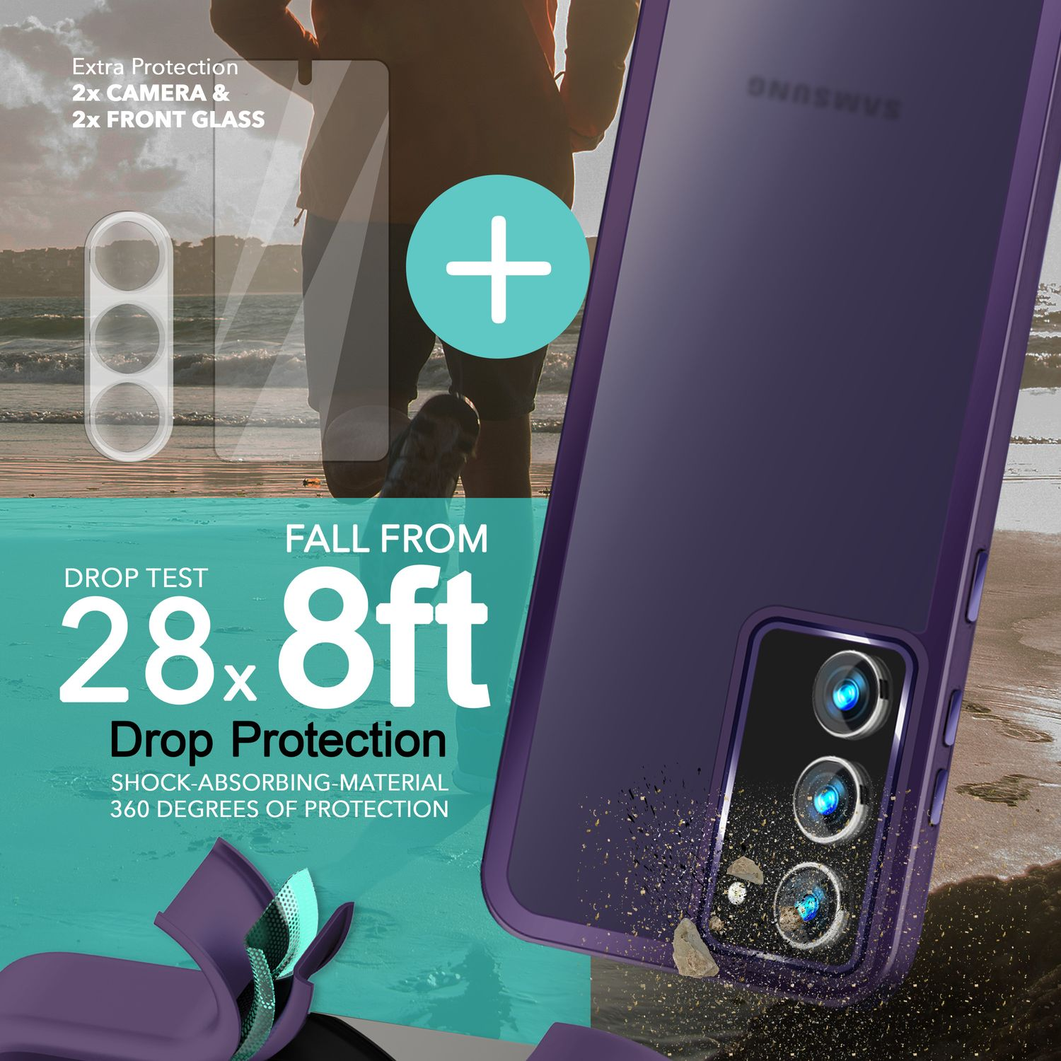 Plus, Samsung, S23 2x mit Lila Semi-Transparent & Hülle Display-Schutzglas NALIA Backcover, Kamera-Glas, Galaxy Hybrid 2x