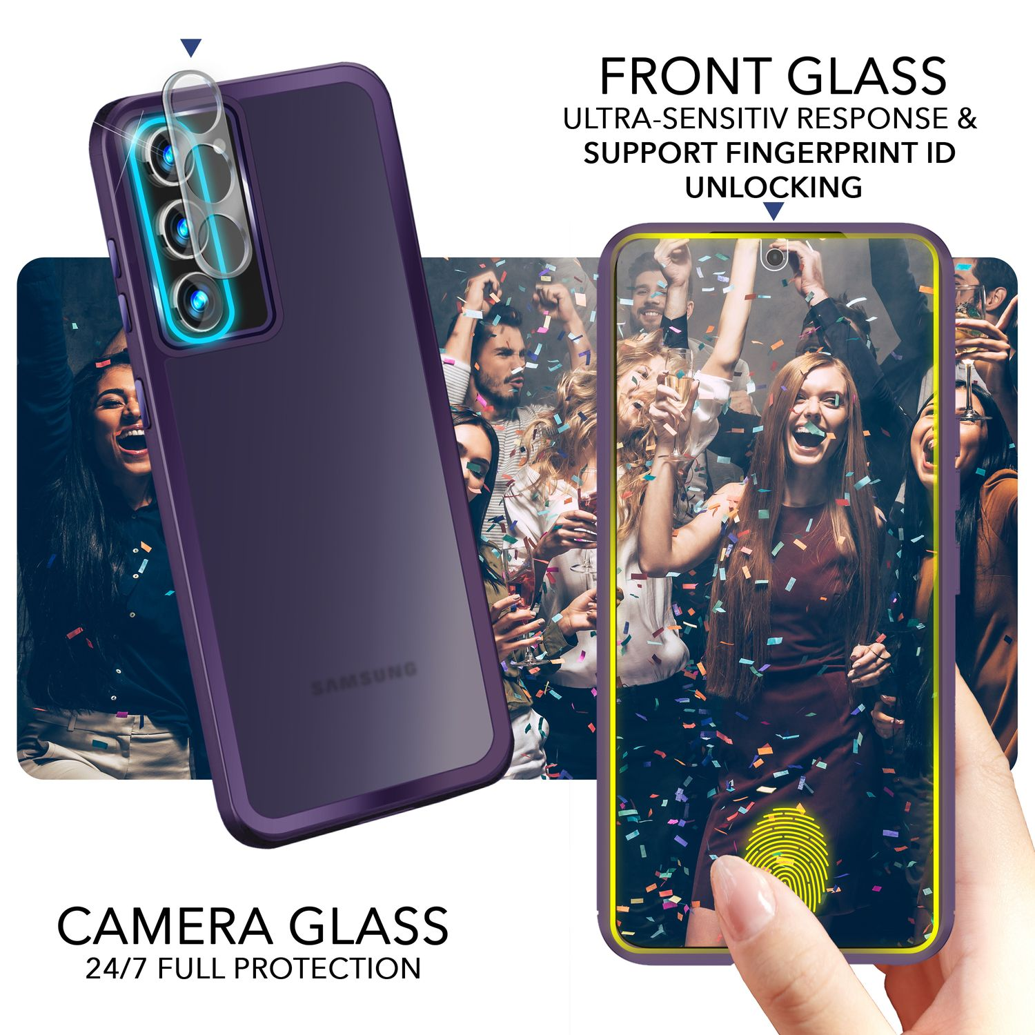 NALIA Hybrid Hülle Kamera-Glas, 2x Semi-Transparent Lila Samsung, S23 Plus, Galaxy Display-Schutzglas mit & Backcover, 2x