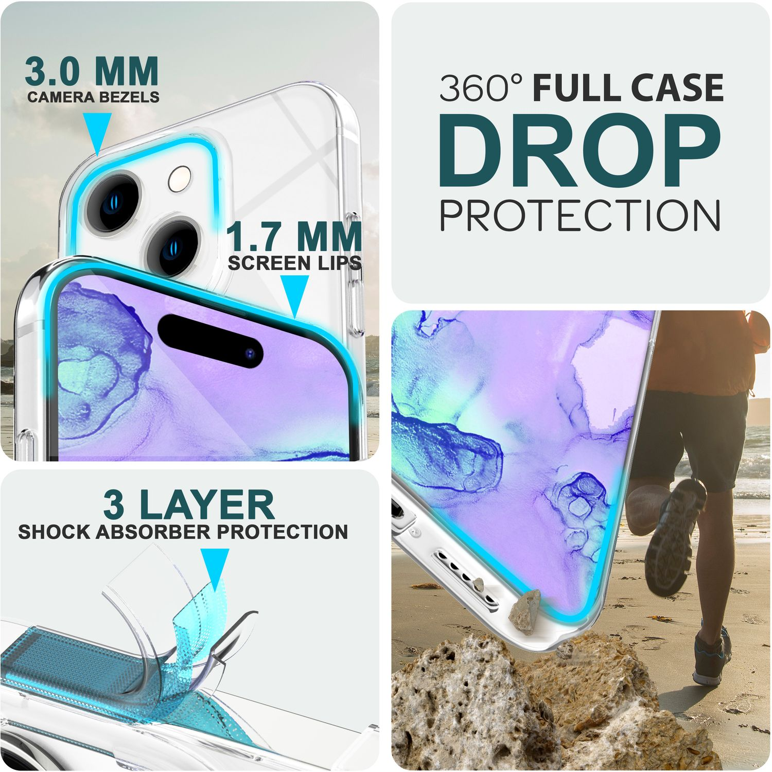 Transparente Handyhülle mit 3,0 mm Kamerablenden und 1,7 mm Bildschirmrändern. 3-lagiger Stoßdämpferschutz. Mann rennt am Strand.