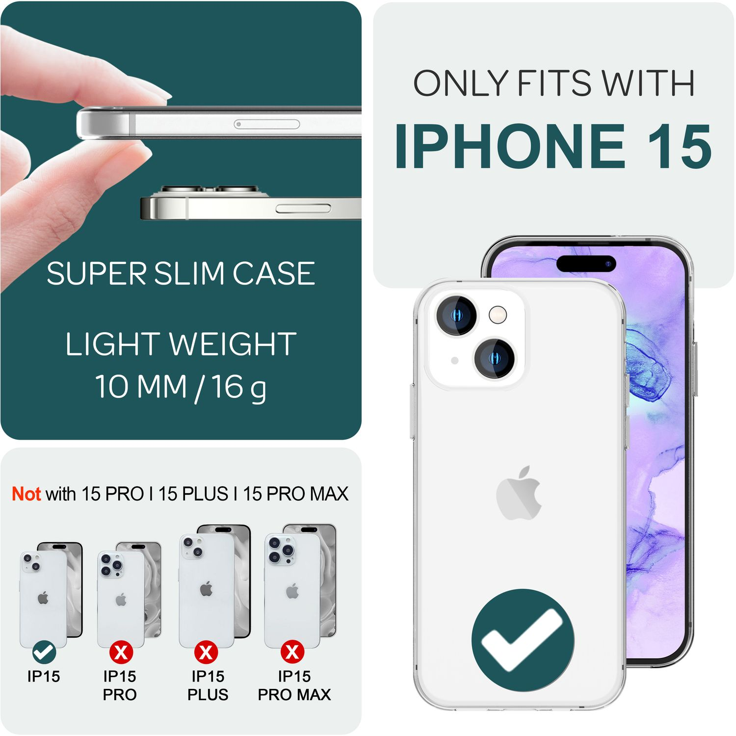 Bilder von Handyhülle und iPhone 15. Text, dass die Hülle nur für iPhone 15 passt.