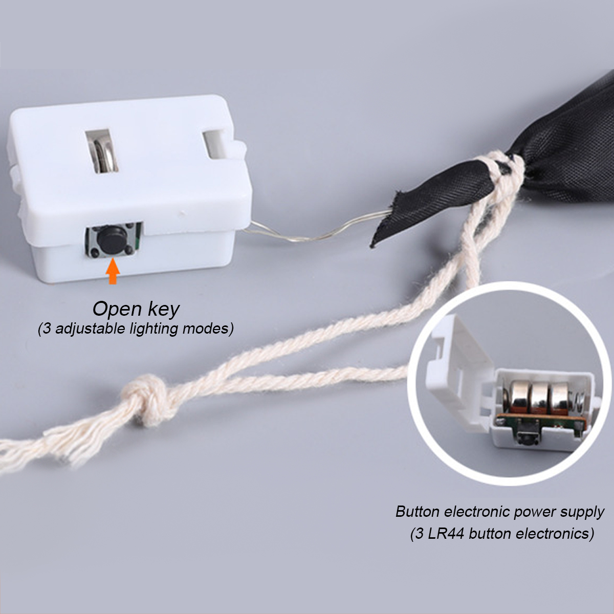 Nahaufnahme eines Batteriefachs mit Knopf und Drähten. Text: Öffnen, Elektronische Stromversorgung.